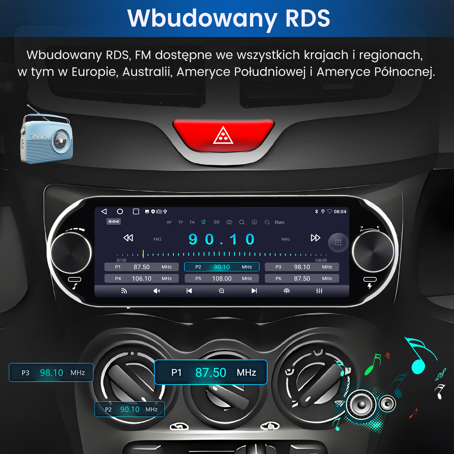 Panel samochodu z interfejsem radiowym, pokazujący 90,10 MHz. Zawiera przyciski i ikonę radia retro.