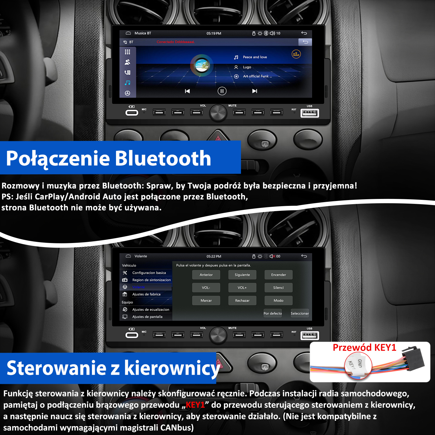 Radio samochodowe z Bluetooth i opcjami sterowania z kierownicy wyświetlanymi na ekranie, ze schematem.