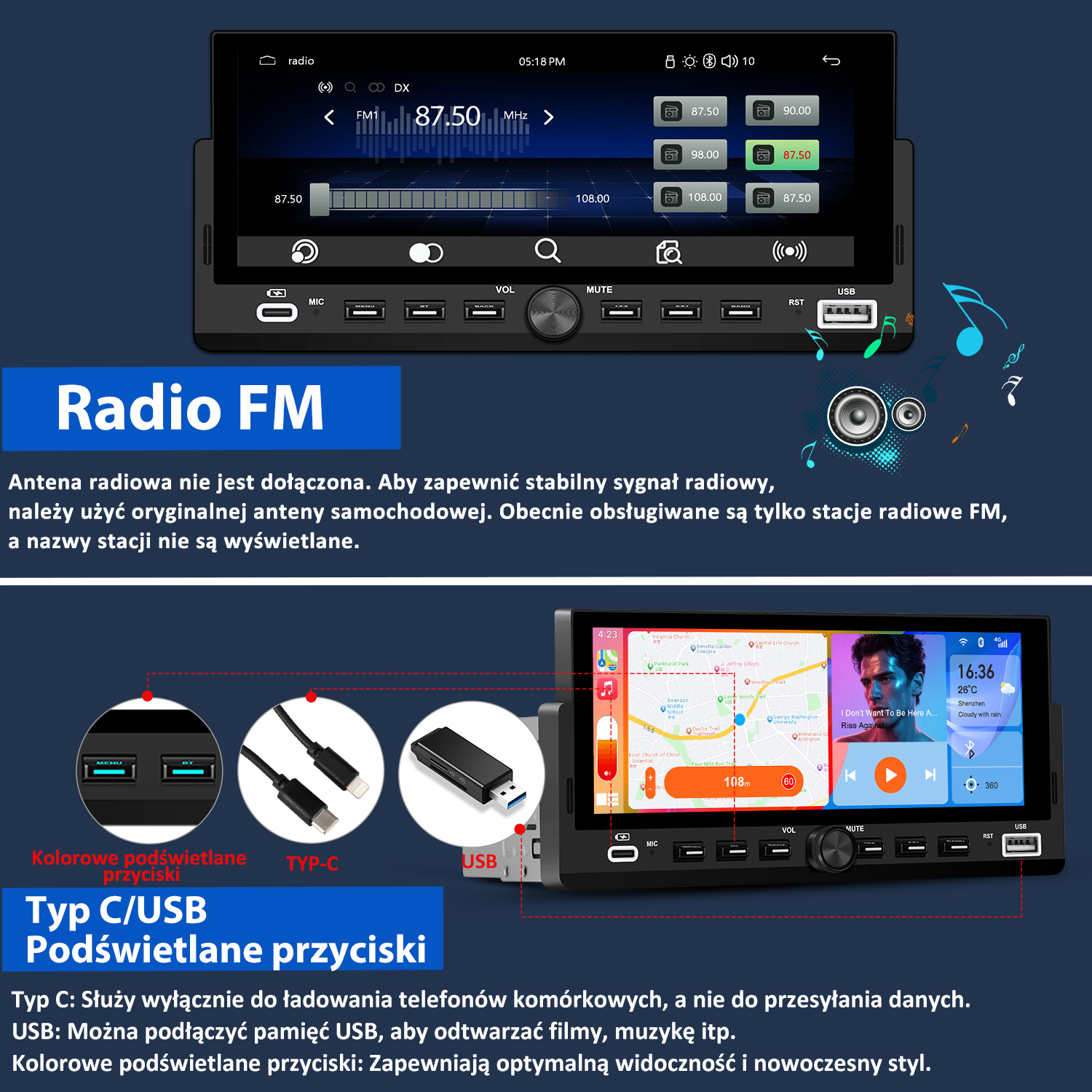 Ekran radia samochodowego wyświetlający interfejs radia FM, z przyciskami i mapą. Poniżej pokazano różne porty USB.
