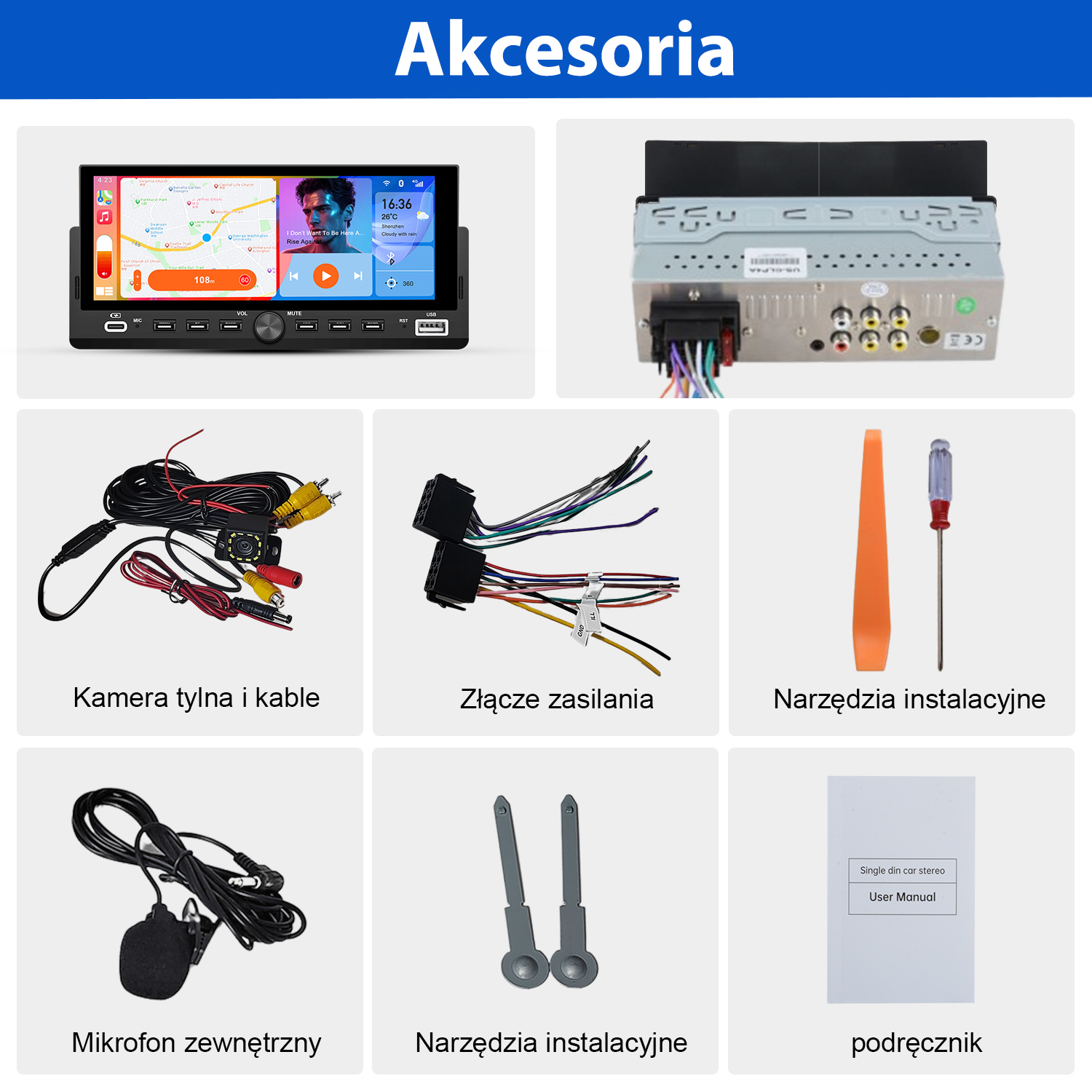 Radio samochodowe, kable, narzędzia i akcesoria. Zawiera kamerę tylną, złącze zasilania, mikrofon i instrukcję obsługi, wszystko na białym tle.