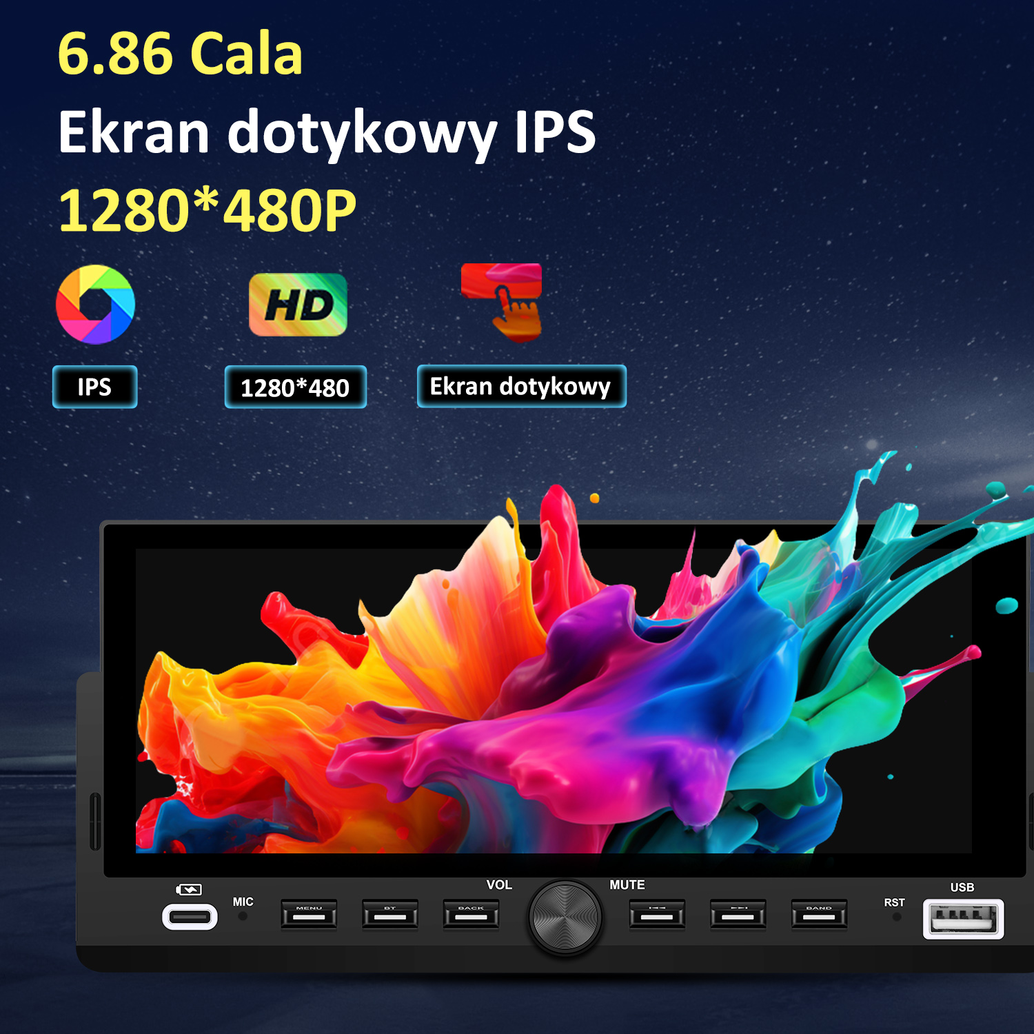 Wyświetlacz multimedialny do samochodu. Czarna ramka z kolorowym ekranem powitalnym. Tekst zawiera IPS, HD i szczegóły rozdzielczości.