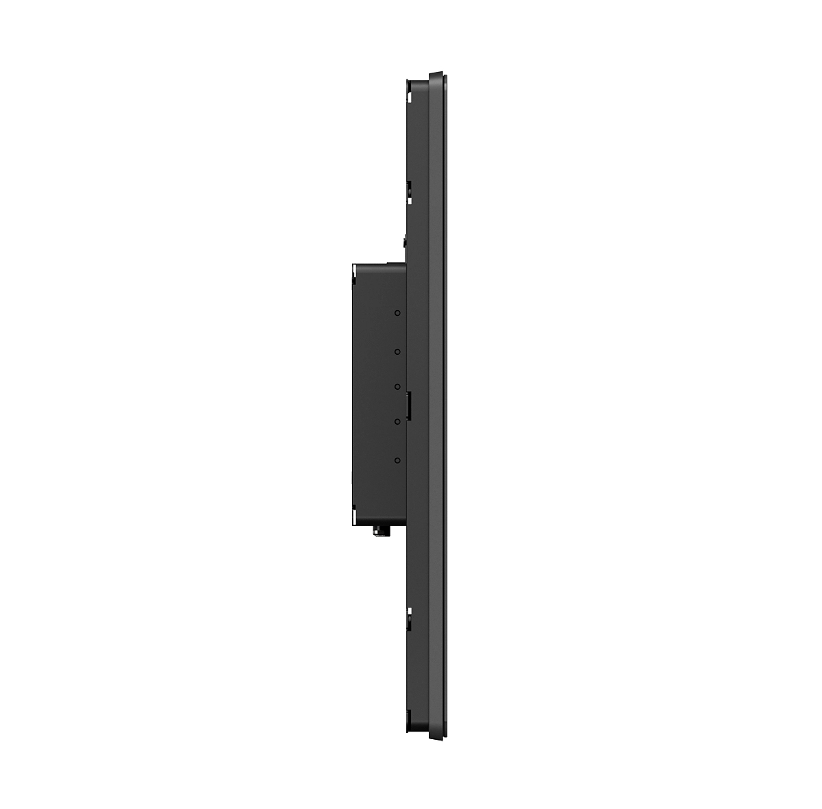 Widok z boku czarnego, prostokątnego urządzenia elektronicznego, być może monitora lub wyświetlacza, z ciemnoszarą ramką i czarną obudową.