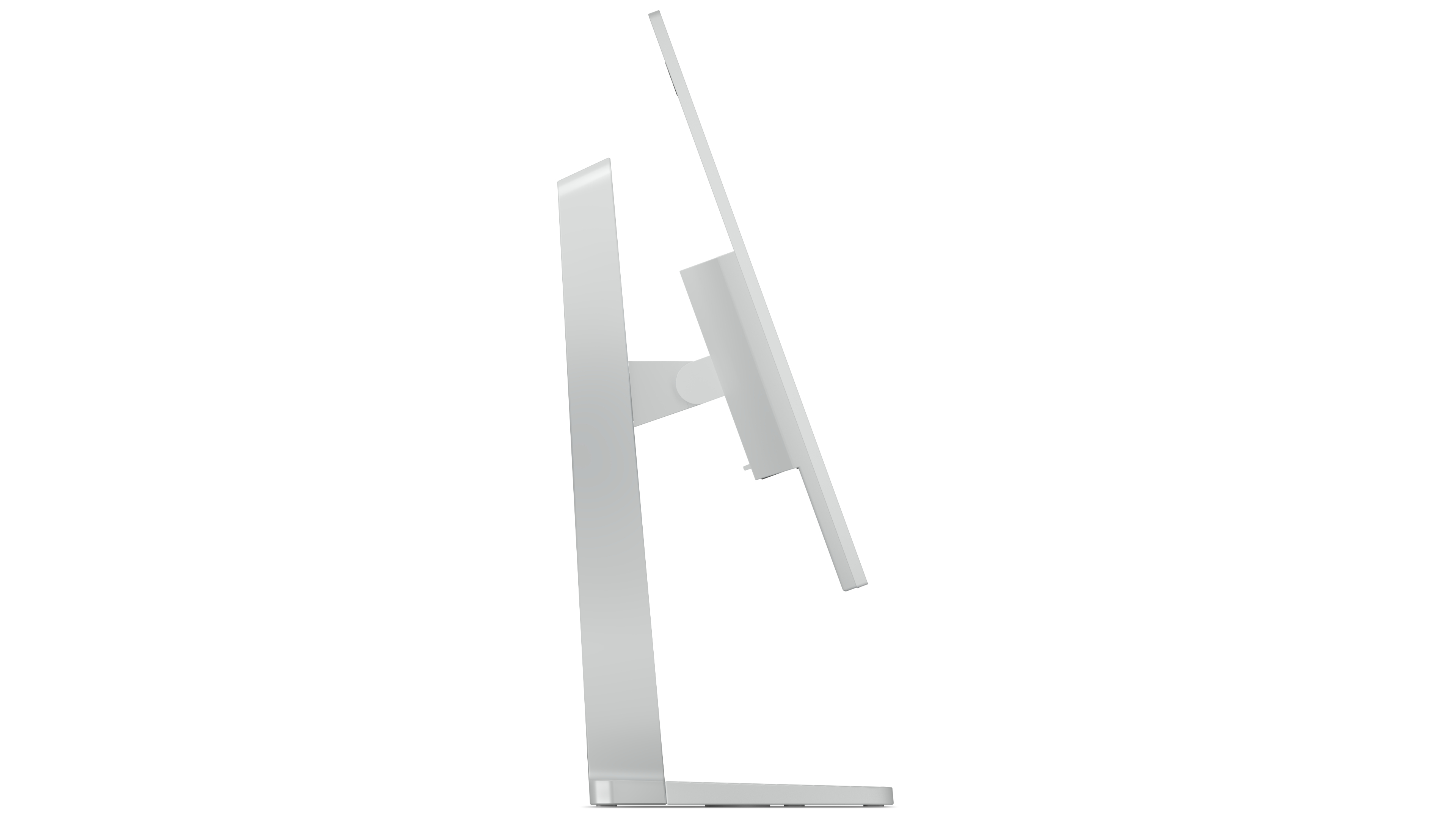 Biały monitor komputerowy, widok z boku, lekko pod kątem. Ma prostokątny ekran i podstawę.