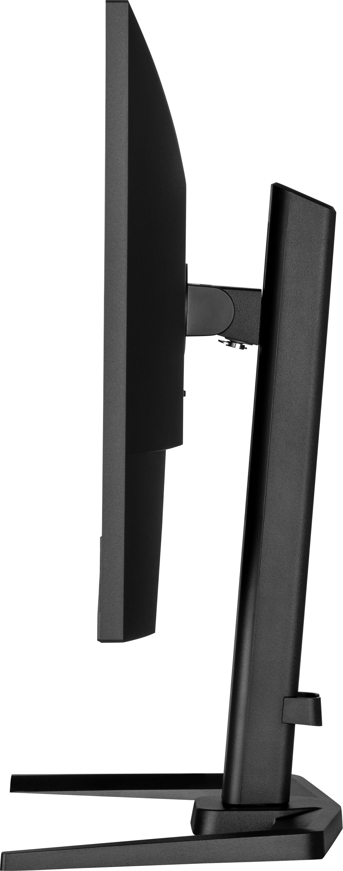 Czarny monitor komputera, widok z boku. Ekran jest po lewej stronie. Stojak jest po prawej stronie. Białe tło.