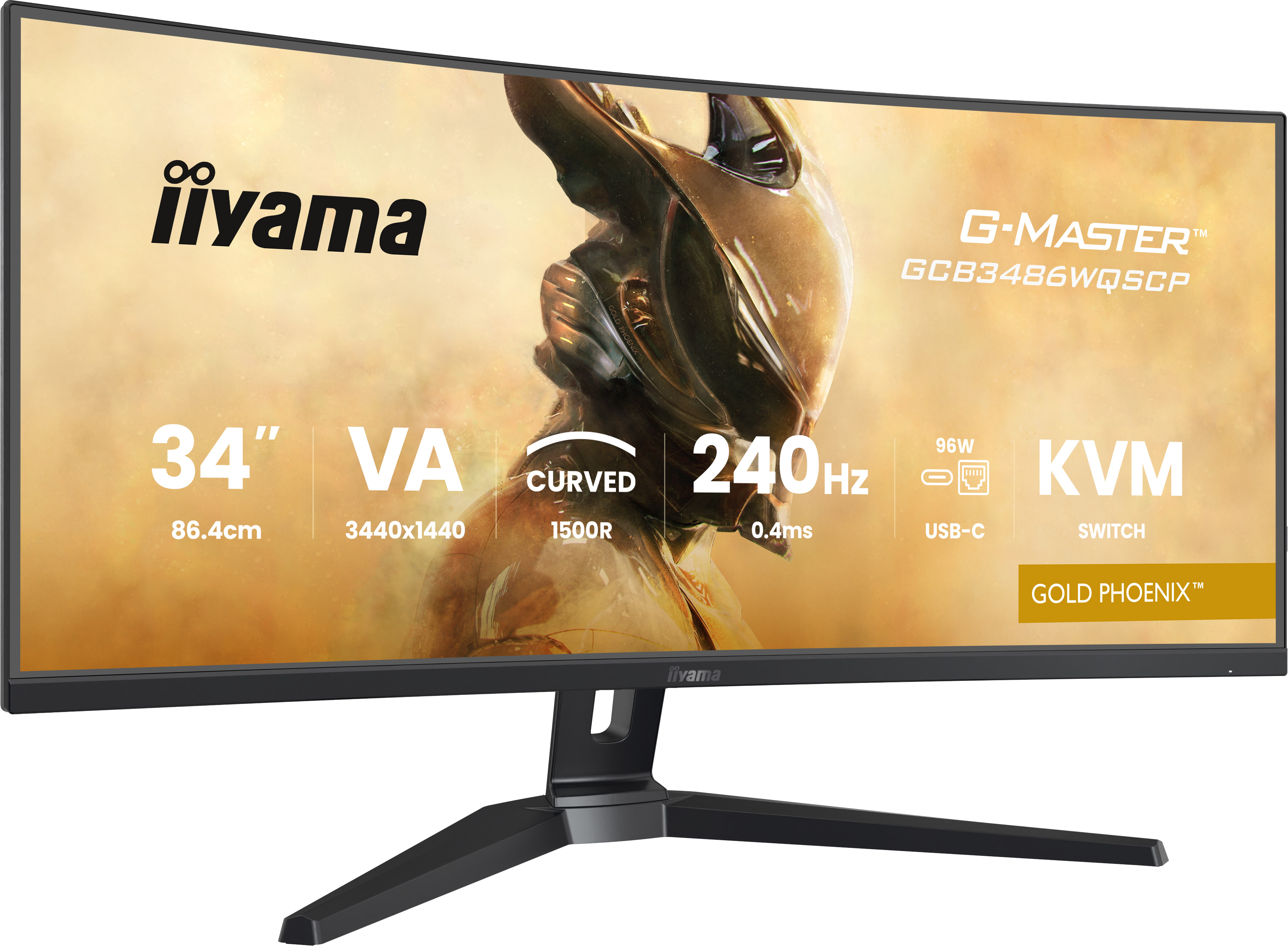 Zakrzywiony monitor iiyama. Czarna ramka, czarny stojak. Ekran pokazuje złotego wojownika. Specyfikacje: 34", 240Hz i przełącznik KVM.