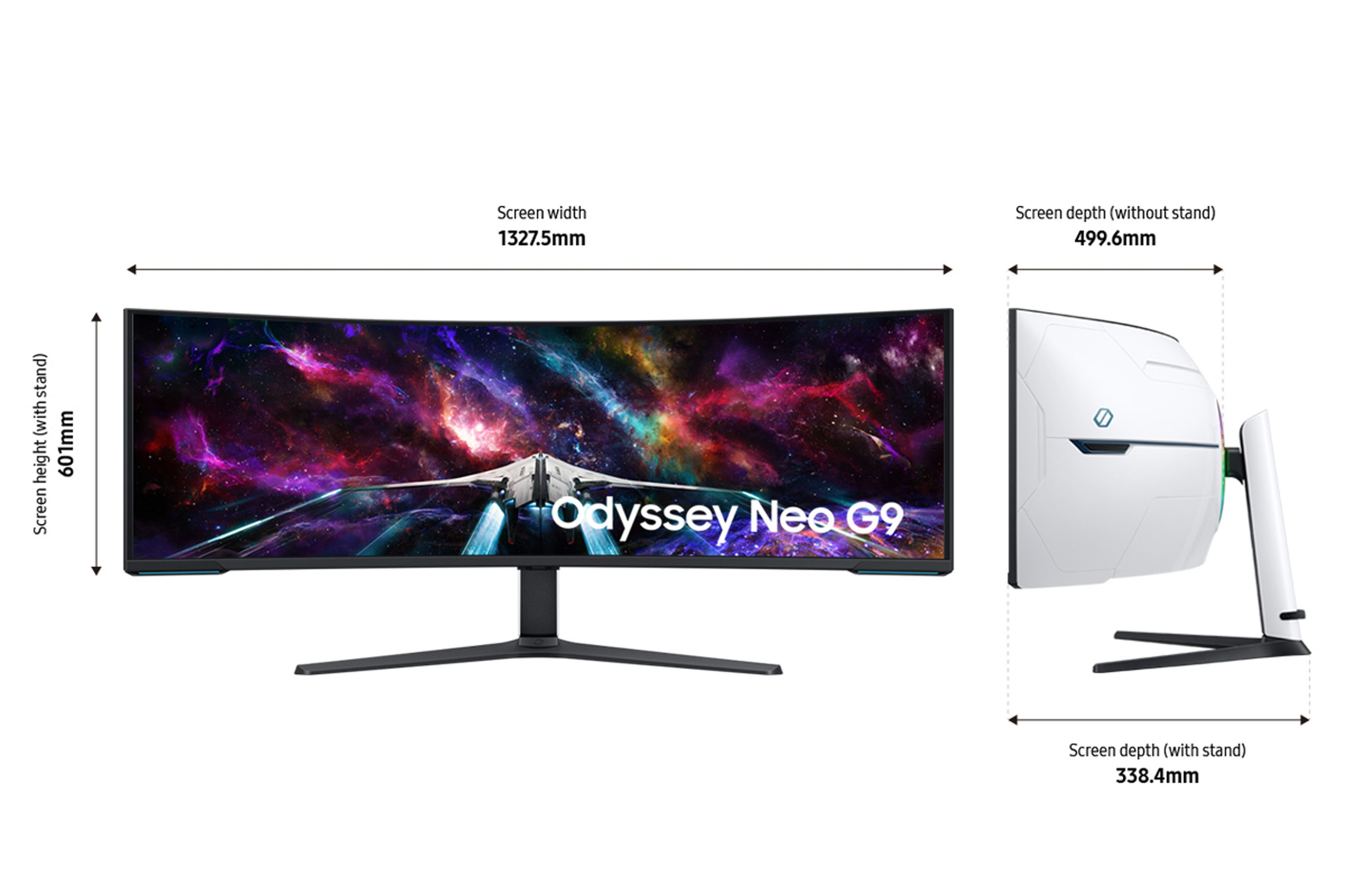 Un monitor curvo con dimensioni etichettate. Lo schermo mostra un'immagine di galassia. Il monitor si chiama Odyssey Neo G9.