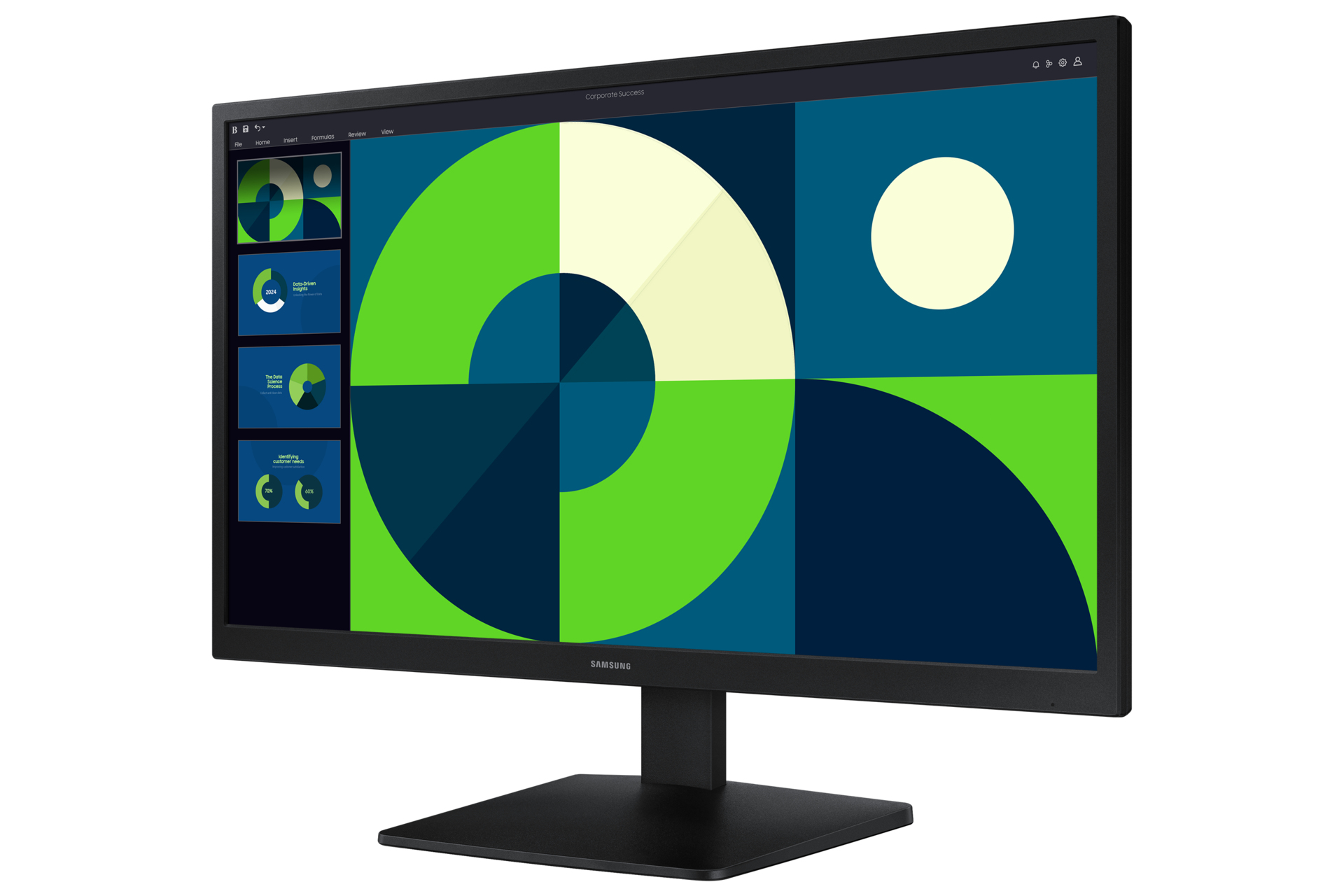 Czarny monitor Samsung wyświetla prezentację z wykresami i diagramami, zawierającą zielone, niebieskie i białe kształty geometryczne. Monitor stoi na czarnej podstawie.