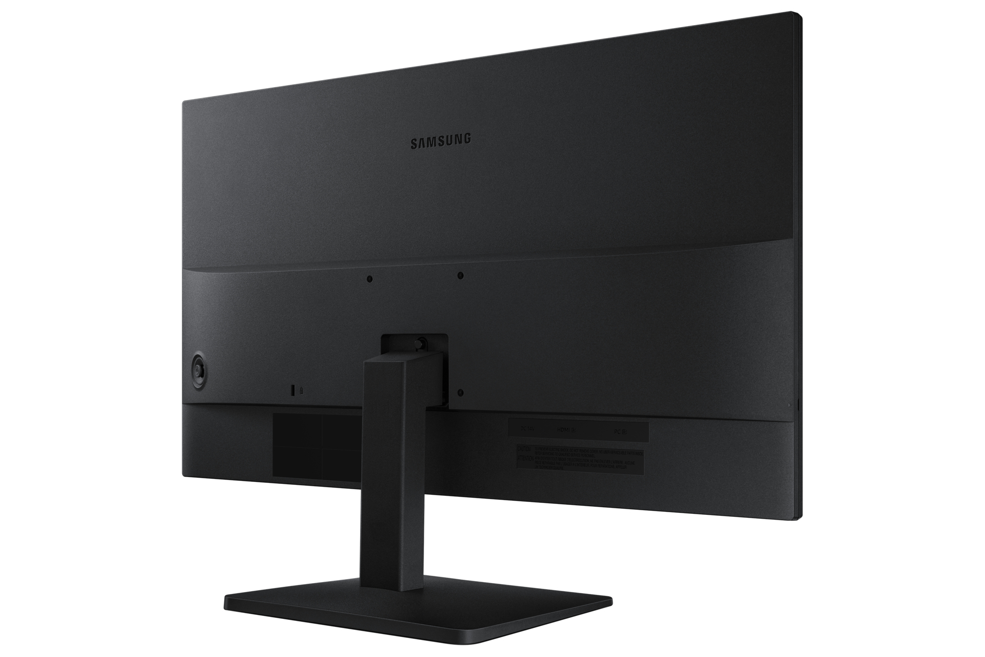 Widok z tyłu czarnego monitora Samsung. Ma podstawkę, porty i logo Samsung. Monitor jest ustawiony pod kątem w prawo.