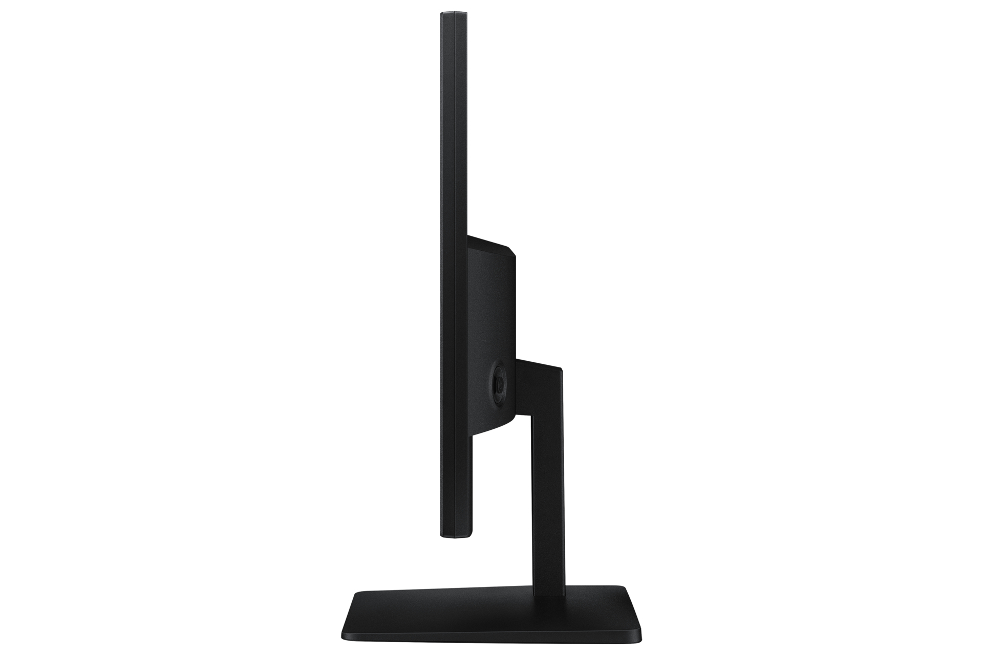 Czarny monitor komputera widoczny z boku, z prostokątną podstawą, stojakiem i ekranem.