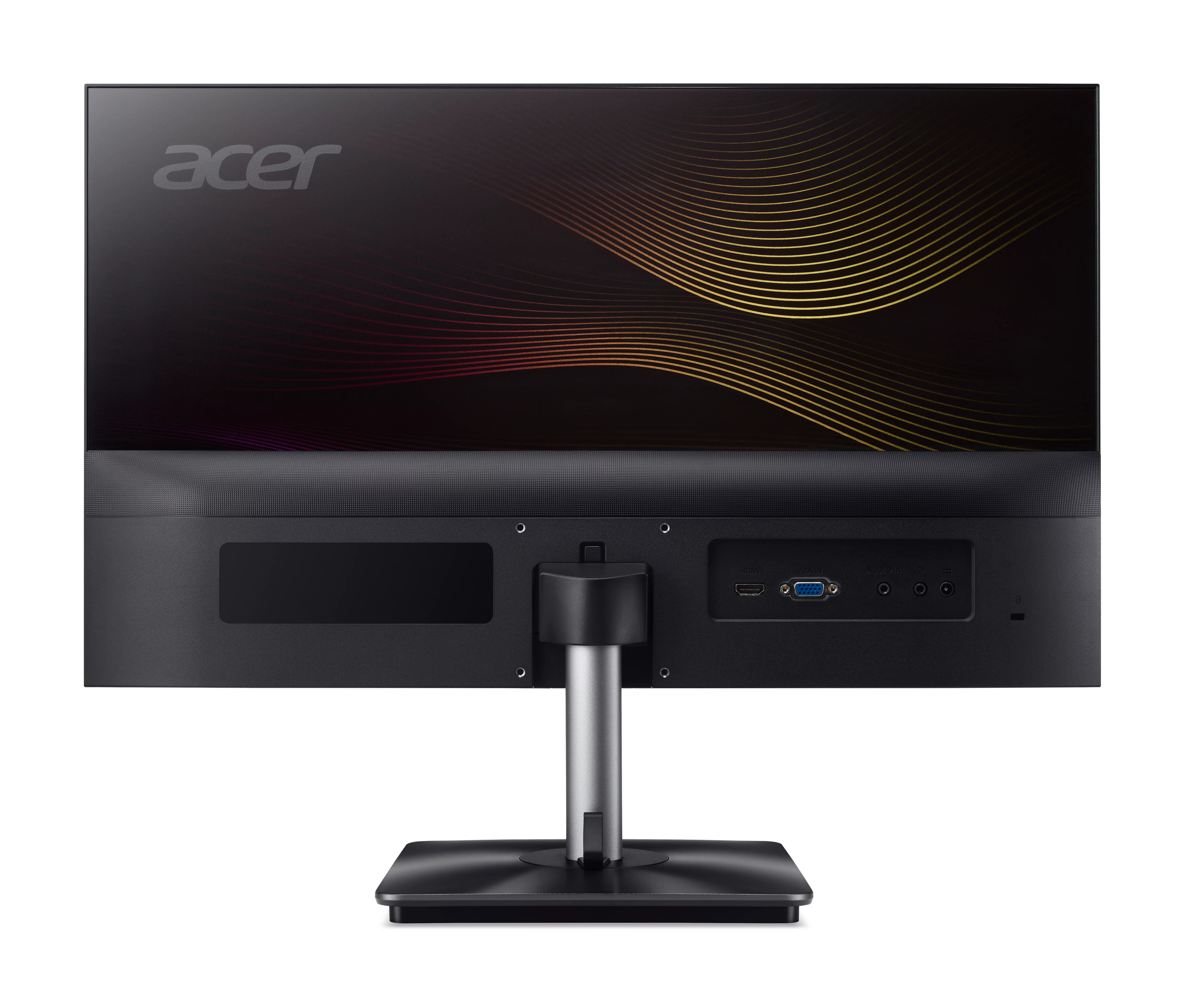 Retro di un monitor Acer. Nero con supporto argentato. Ha porte HDMI, VGA e audio. Lo schermo ha un design a onde.