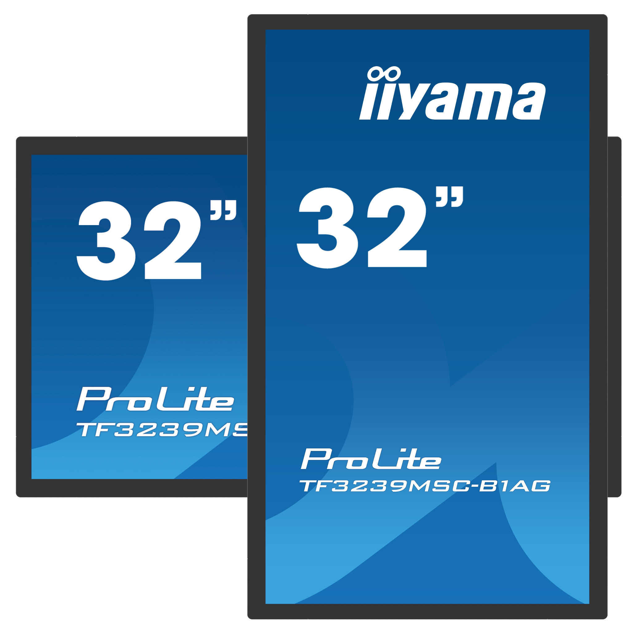 Zwei Monitore mit schwarzen Rahmen und blauen Bildschirmen. Die Bildschirme zeigen weißen Text: '32 Zoll' und 'iiyama ProLite'.