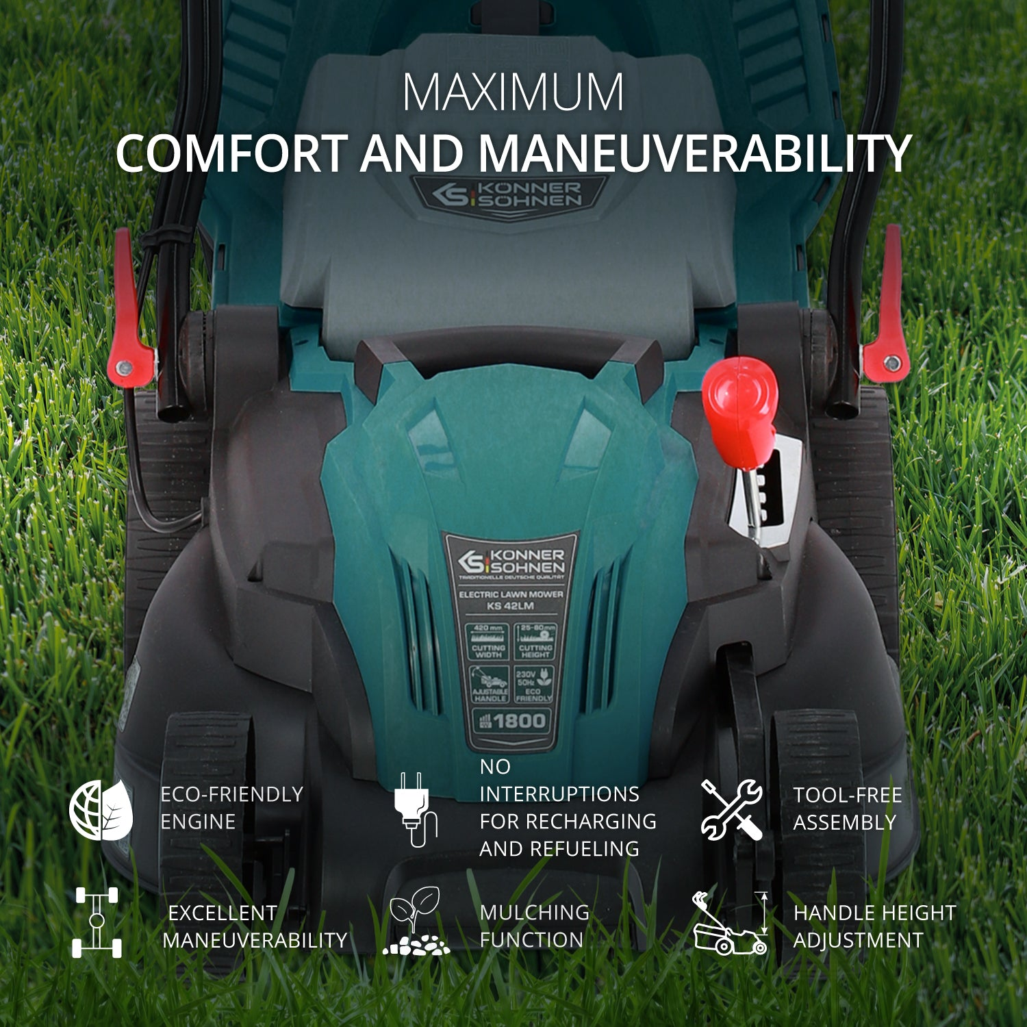 Kosiarka do trawy na trawie z czerwonymi dźwigniami i pokrętłem sterowania. Tekst zawiera 'Komfort i zwrotność' oraz cechy takie jak 'Ekologiczny silnik'.