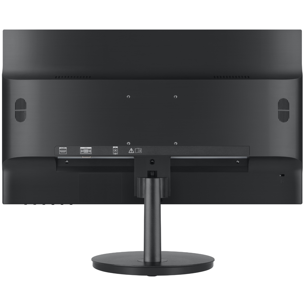 Vista trasera de un monitor de computadora negro. Tiene puertos para varias conexiones y está montado en un soporte con base circular.