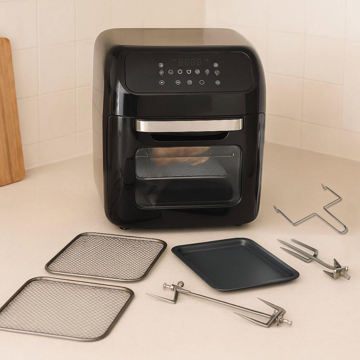 Ein schwarzer Airfryer mit Zubehör steht auf einer Arbeitsplatte. Zubehör umfasst Tabletts, Spieße und ein Gestell. Ein hölzernes Schneidebrett ist im Hintergrund.