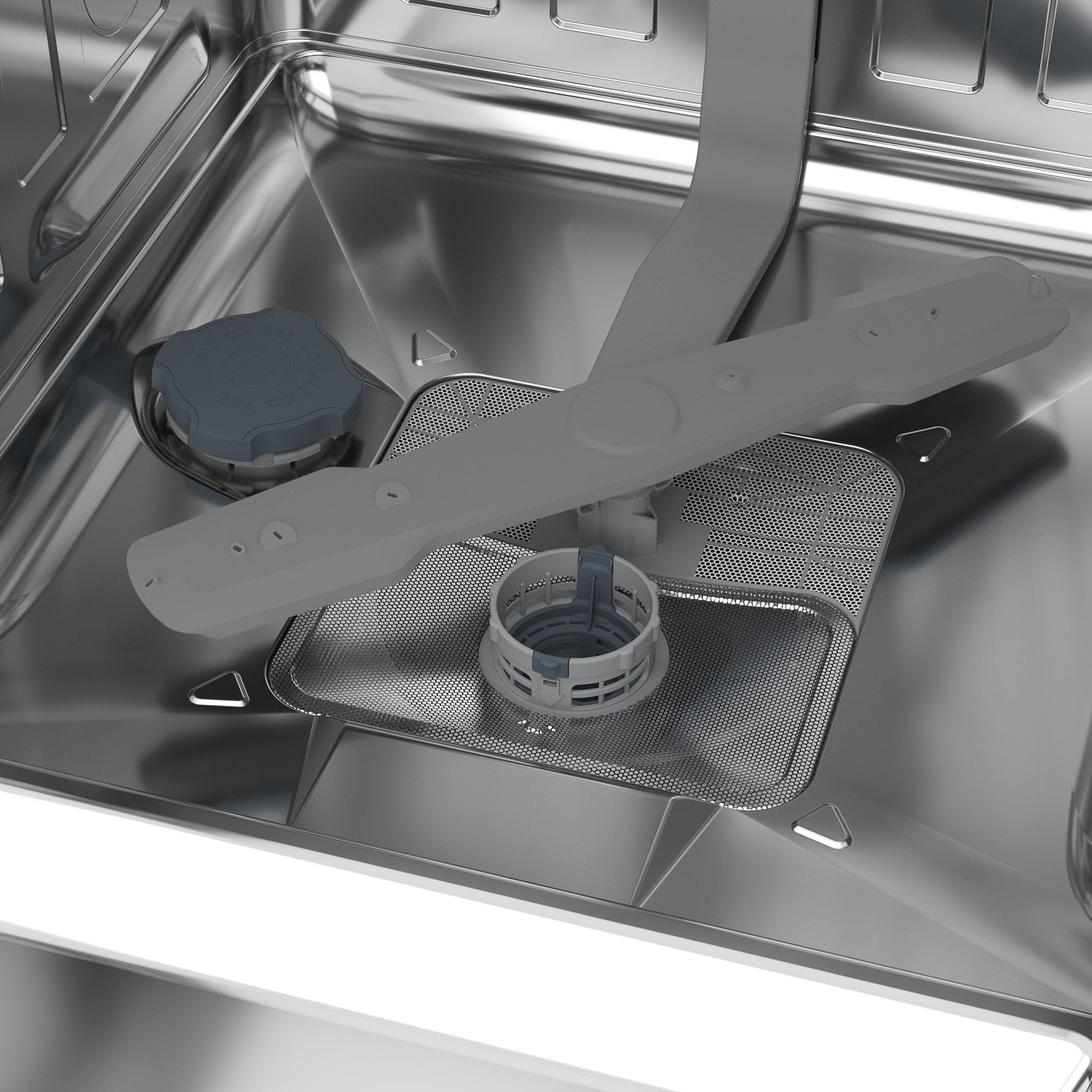 All'interno di una lavastoviglie: bracci irroratori e filtro grigi, tappo del sale e interno in acciaio inox.