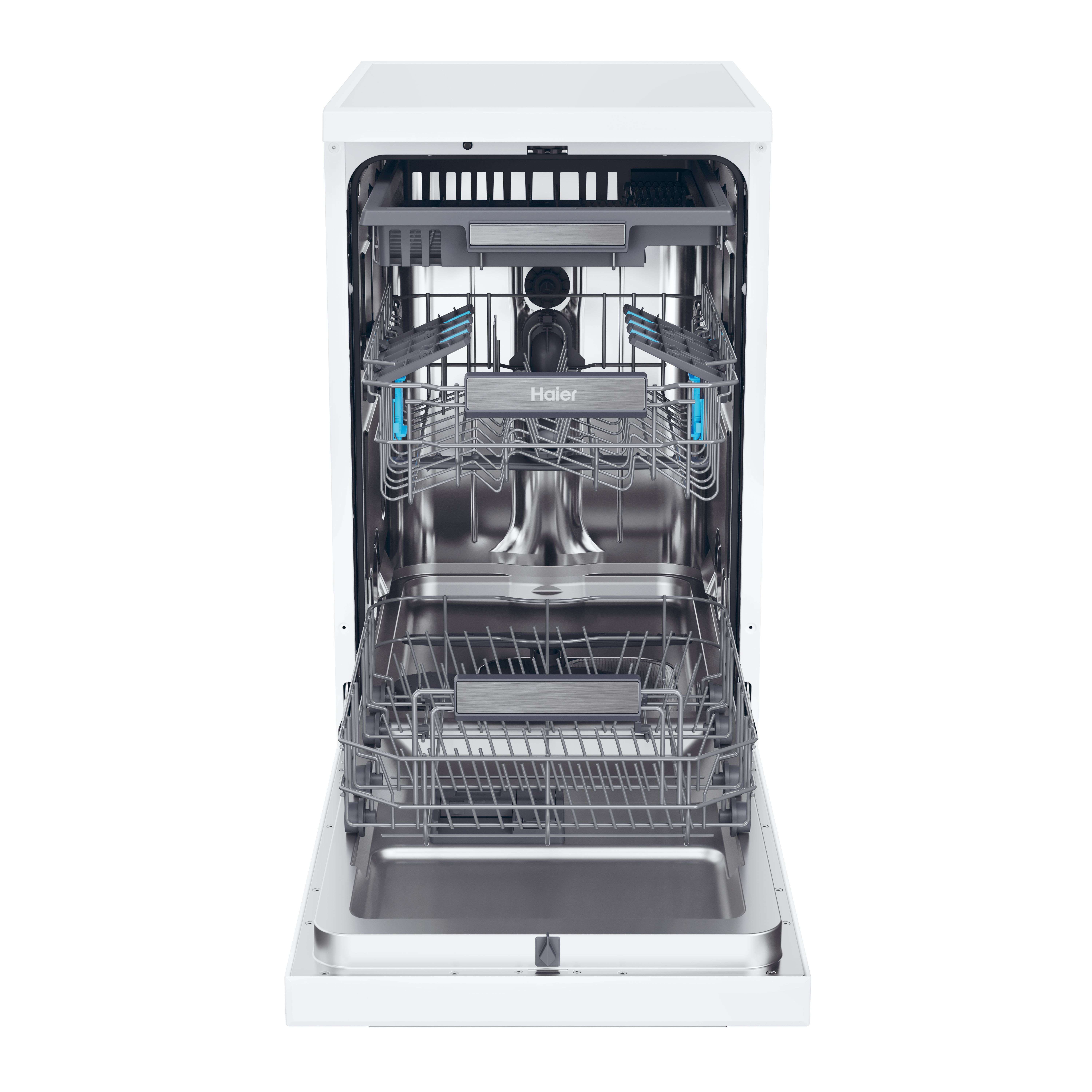 Otwarta biała zmywarka Haier. Wnętrze pokazuje kosze, ramiona natryskowe i logo Haier. Drzwi są otwarte, a urządzenie puste.