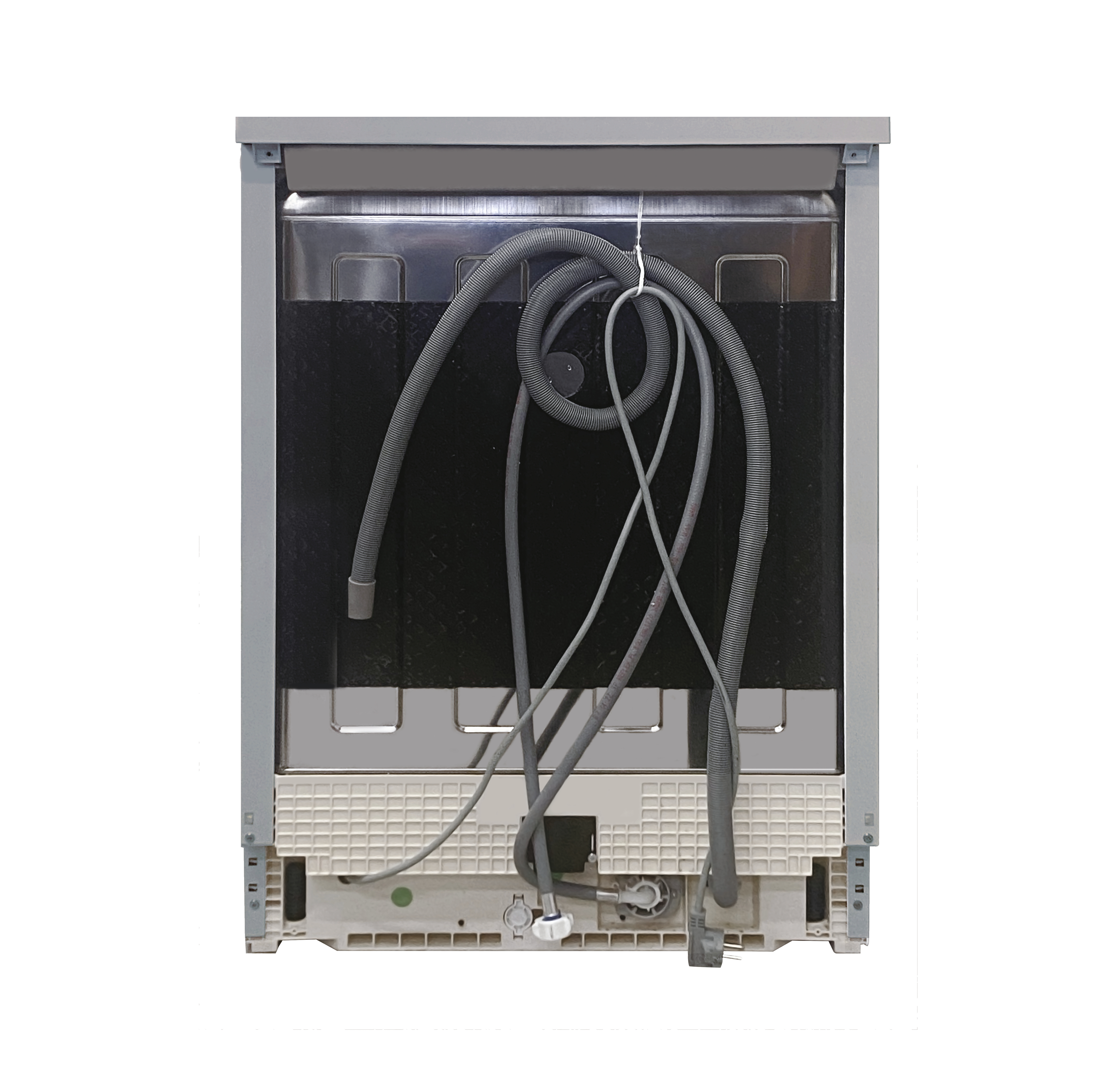 Parte trasera de un lavavajillas. Se ven mangueras, un cable de alimentación y una base de plástico blanco. También hay elementos grises y negros.