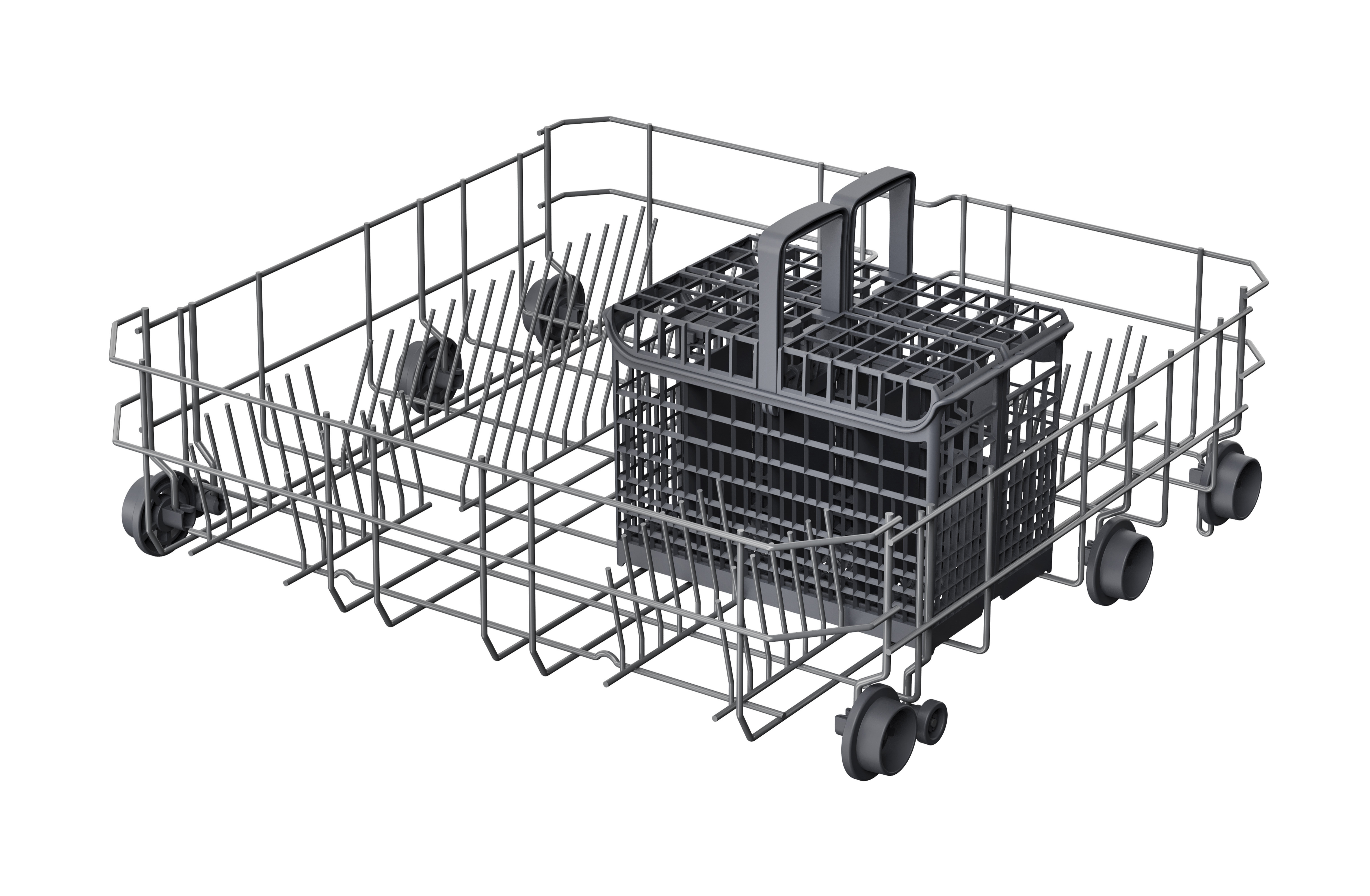 Szary kosz zmywarki z koszem pośrodku. Kosz ma kółka i pionowe uchwyty na naczynia.