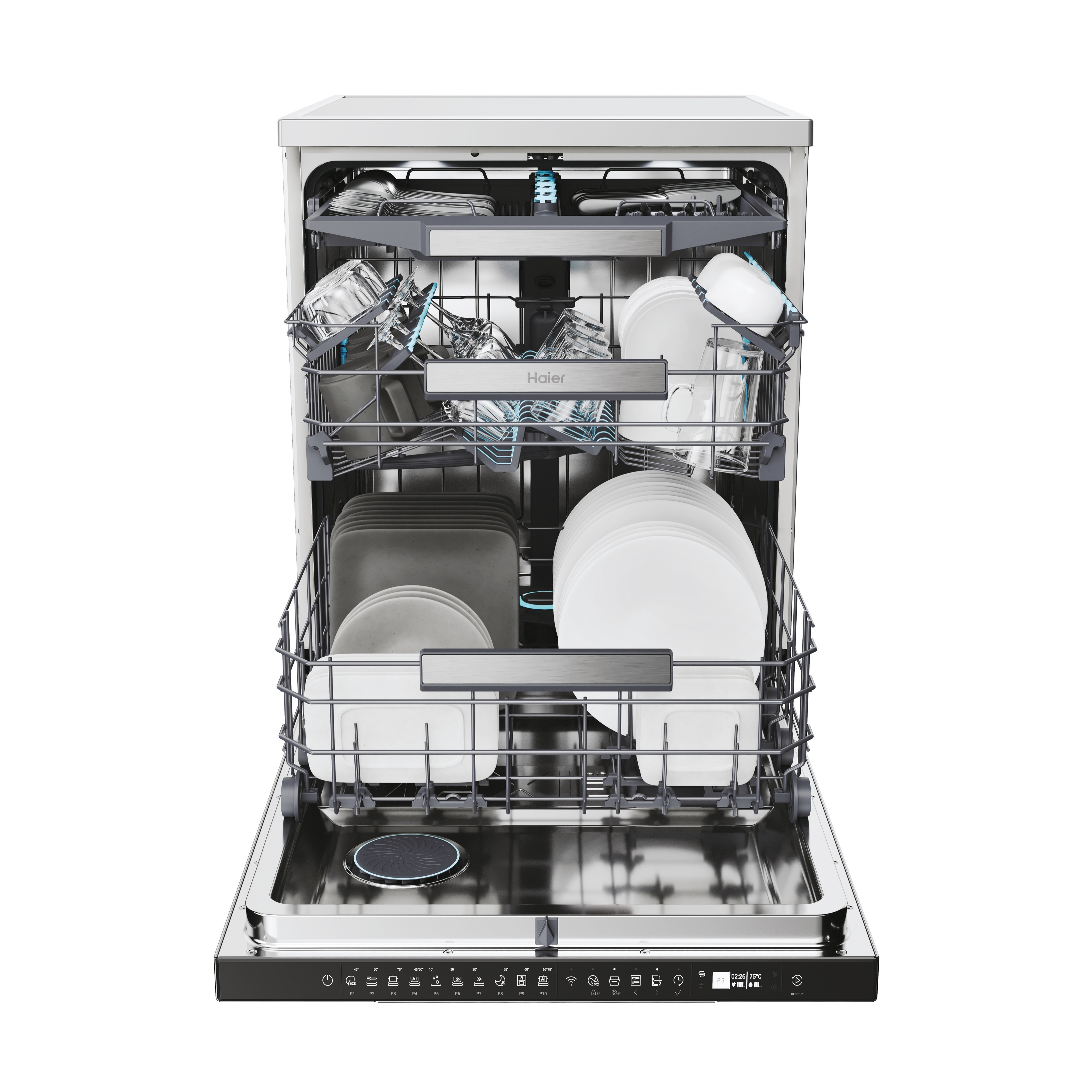 An open Haier dishwasher filled with dishes, glasses, and utensils. It is a close-up shot, showing the interior detail.