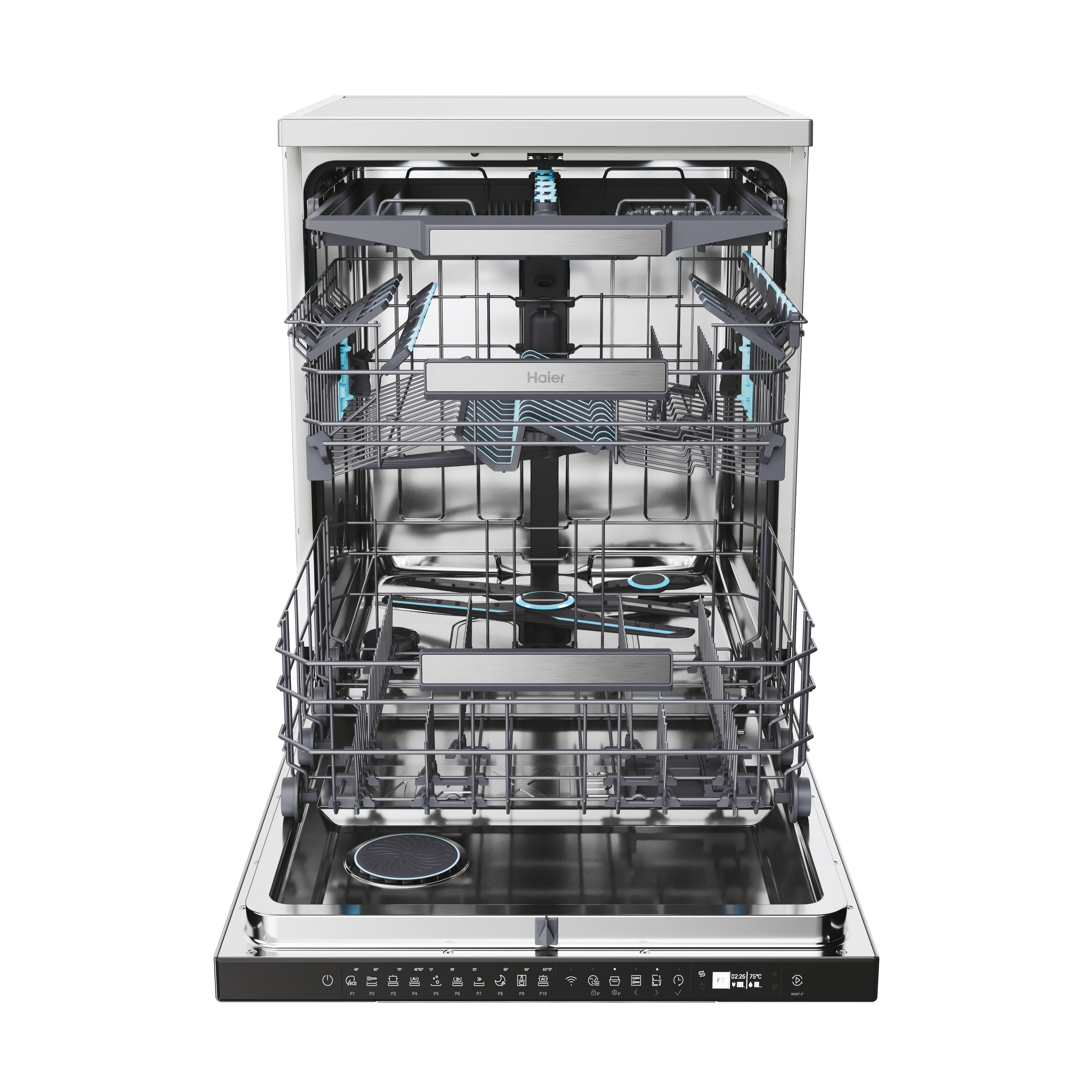 An open Haier dishwasher shows racks, spray arms, and control panel. The interior is stainless steel.