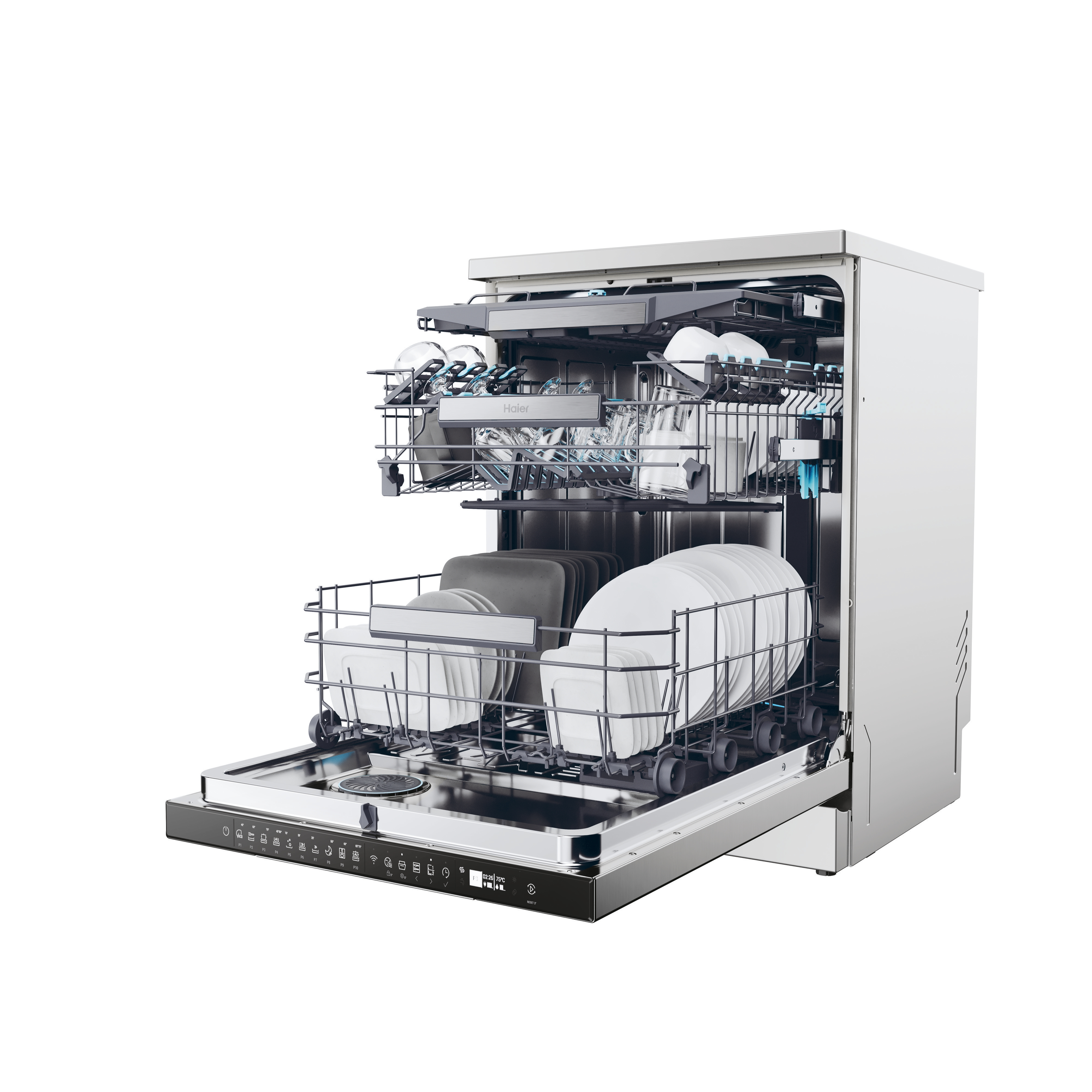 Open dishwasher with dishes inside. White plates, cups, and utensils are in the racks. The machine is stainless steel.