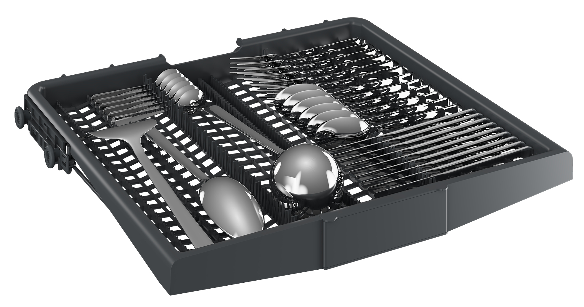 Una bandeja de cubiertos para lavavajillas llena de cubiertos. Tenedores, cucharas y cuchillos están cuidadosamente colocados en la bandeja de plástico negro.