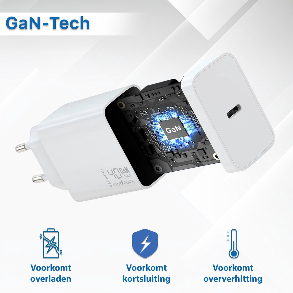 Een witte GaN-oplader is afgebeeld, gedeeltelijk geopend om het interne circuit te onthullen. Tekst geeft aan dat het overladen, kortsluiting en oververhitting voorkomt.