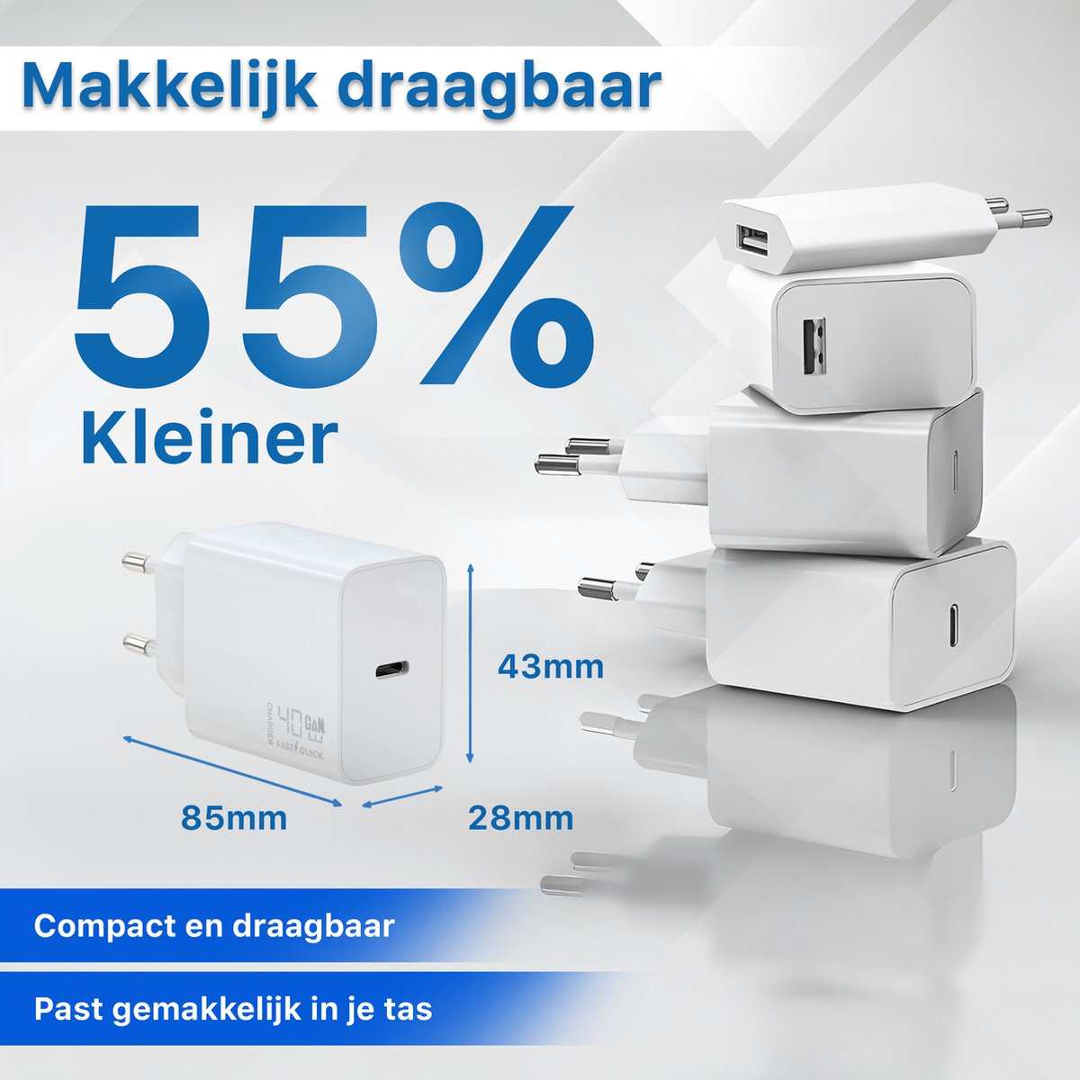 Afbeelding toont witte opladers gestapeld. Tekst geeft aan dat ze 55% kleiner en compact zijn. Afmetingen staan vermeld. De tekst zegt ook 'Makkelijk draagbaar'.