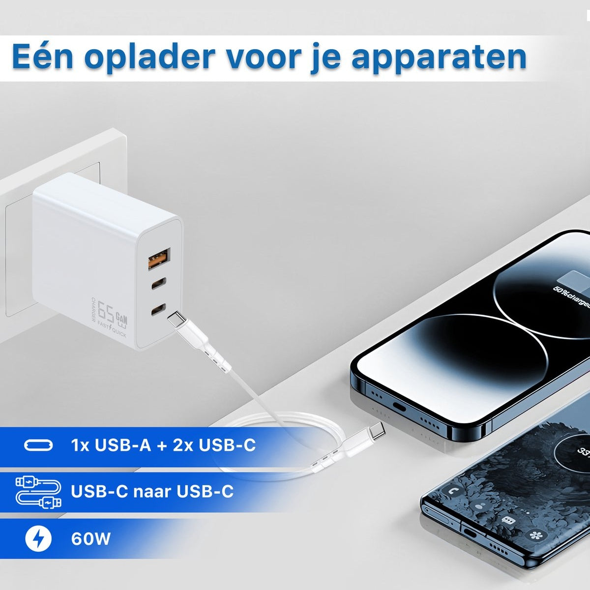 Een witte oplader aangesloten op een muur, verbonden met twee telefoons. Tekst bevat USB- en stroomspecificaties.
