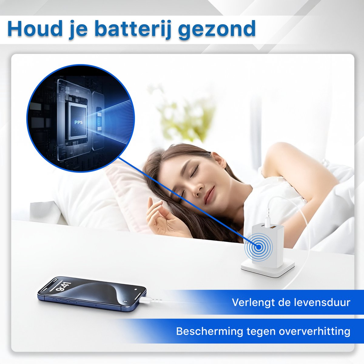 Vrouw slaapt in bed. Telefoon wordt opgeladen en oplader op tafel. Tekst: Houd uw batterij gezond, verlengt de levensduur, beschermt tegen oververhitting.