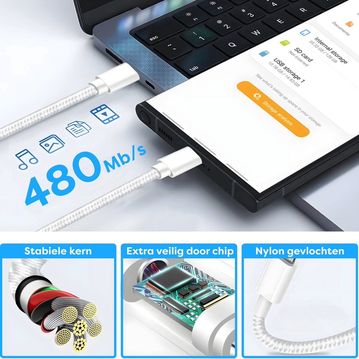 Witte USB-C-kabel aangesloten op een laptop en telefoon, met pictogrammen en tekst die de gegevensoverdrachtsnelheid en opslaginformatie aangeven.
