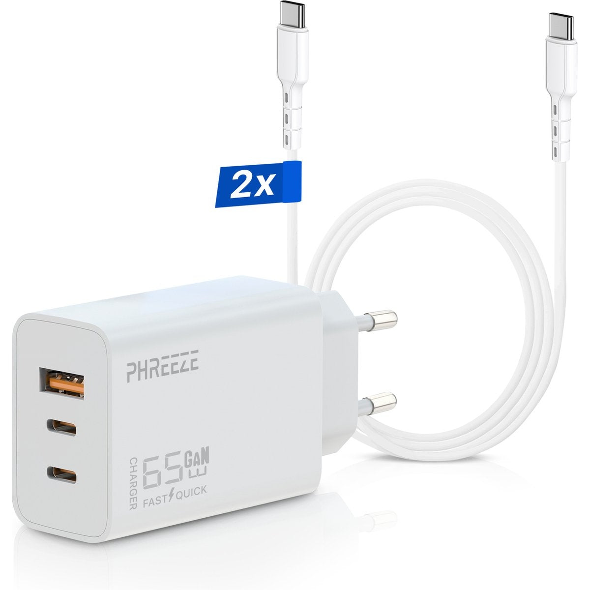 Witte oplader met twee USB-C-poorten en twee witte USB-C-kabels. De oplader heeft de tekst 'PHREEZE 65W GAN FAST/QUICK CHARGER'.