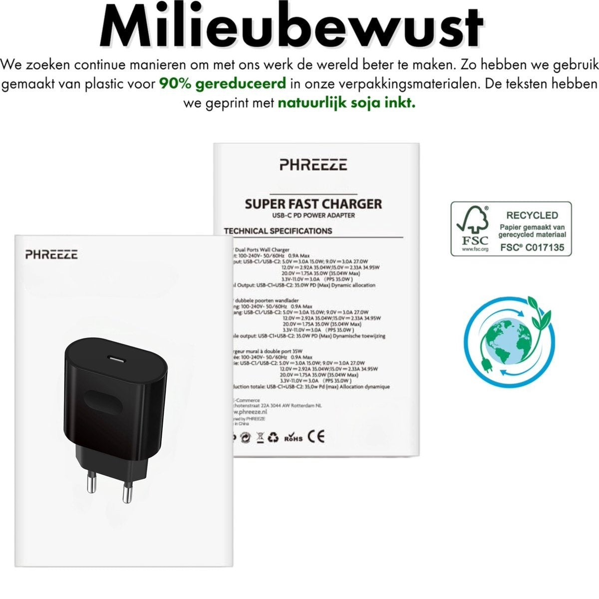 Een zwarte USB-C-oplader met productdetails, logo en tekst over milieuvriendelijke verpakking en sojainkt.