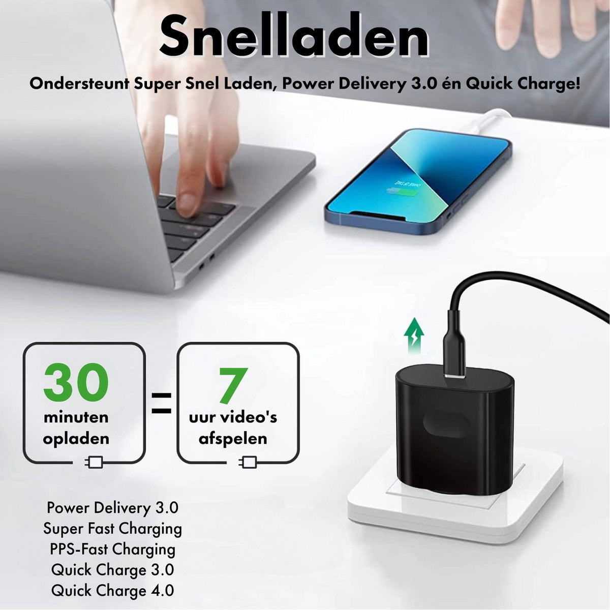 Een afbeelding toont een telefoon die oplaadt en reclame maakt voor snel opladen. Het toont ook een laptop en een oplaadblok. Tekst beschrijft oplaadtijden.