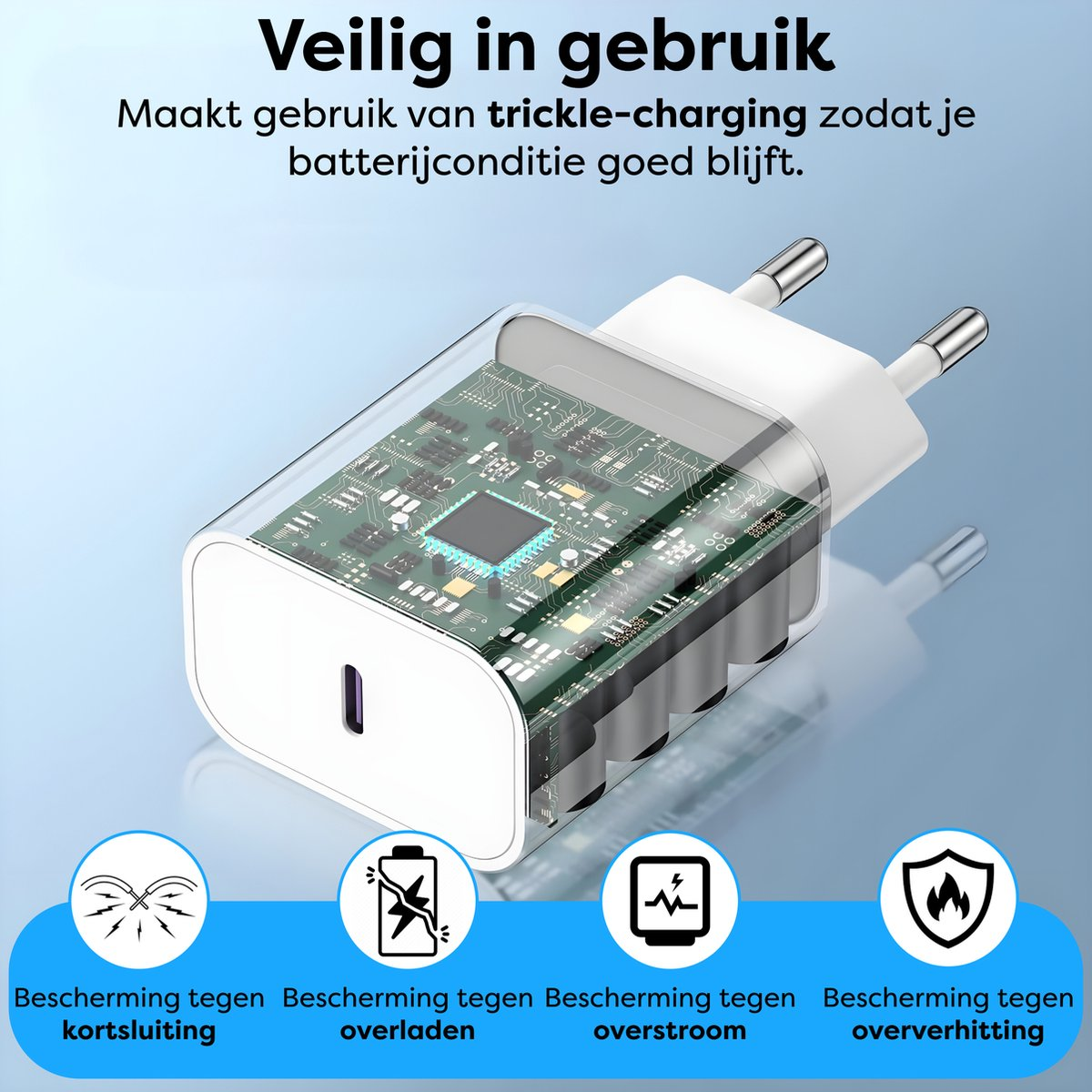 Een doorzichtige oplader met een printplaat binnenin. Tekst bevat 'veilig in gebruik', bescherming tegen kortsluiting, overbelasting, overstroom en oververhitting.