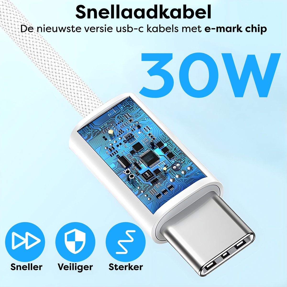 Een USB-C oplaadkabel met een witte kabel en een blauwe printplaat in de connector, met de tekst "30W" en iconen eronder.