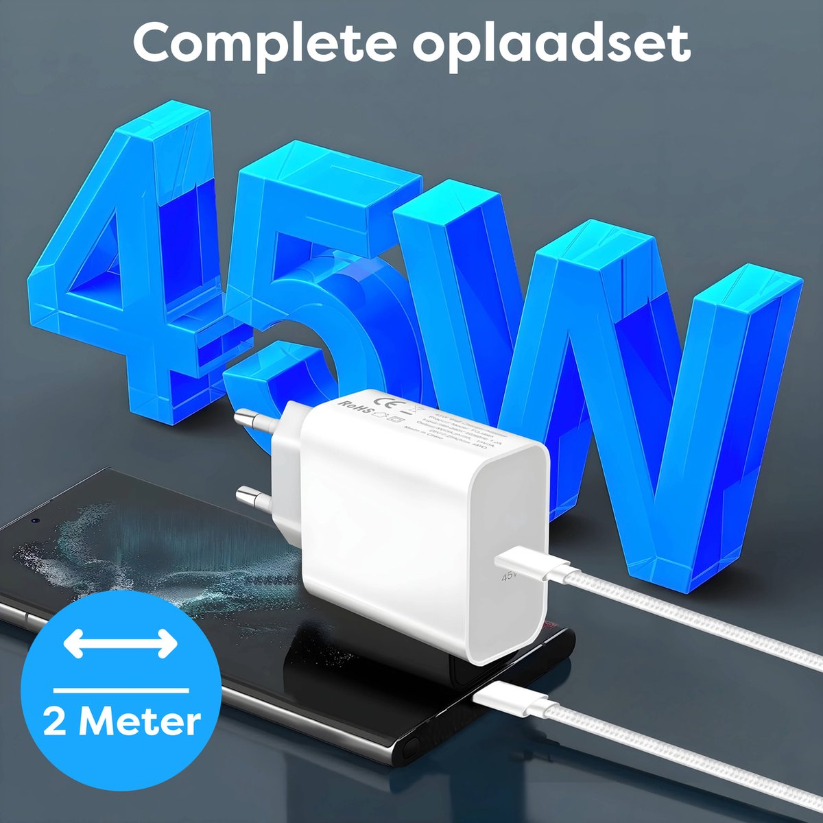Afbeelding toont een telefoon en oplader. De oplader is wit met een kabel eraan. Blauwe 45W letters op de achtergrond.