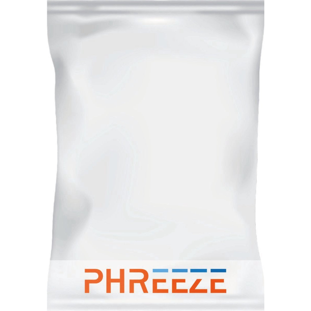 Witte zak met PHREEZE-tekst. De tekst is oranje met blauwe lijnen. De zak is aan de boven- en onderkant verzegeld.