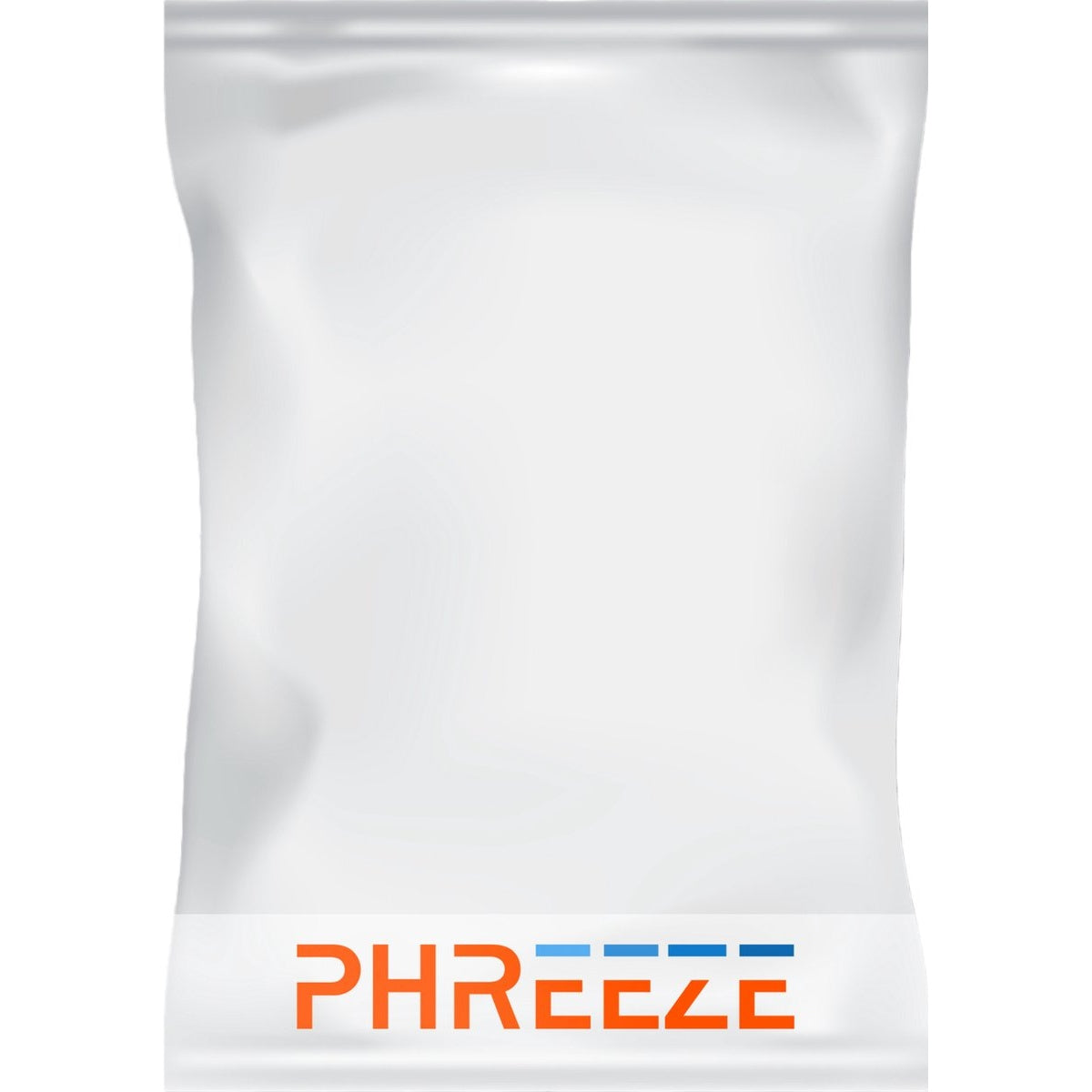 Een witte zak met het woord 'PHREEZE' in oranje en blauw. De zak is aan de bovenkant verzegeld.