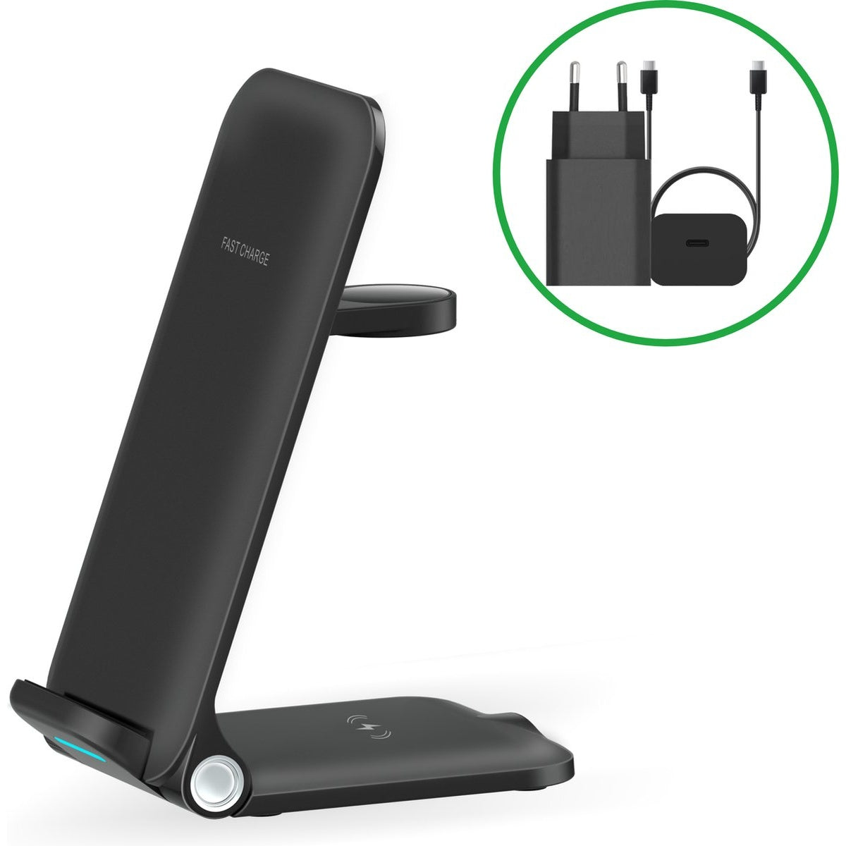 Zwarte draadloze oplaadstandaard met oplader en kabel in een groene cirkel. De standaard heeft de tekst "FAST CHARGE".