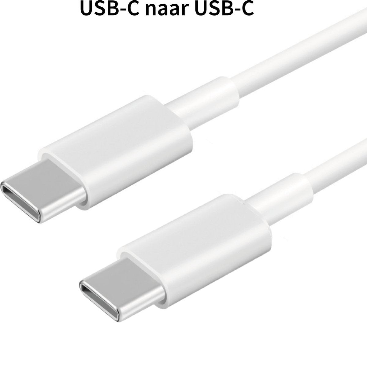 Twee witte USB-C-connectoren worden getoond, verbonden door een witte kabel, tegen een witte achtergrond. De connectoren staan schuin.