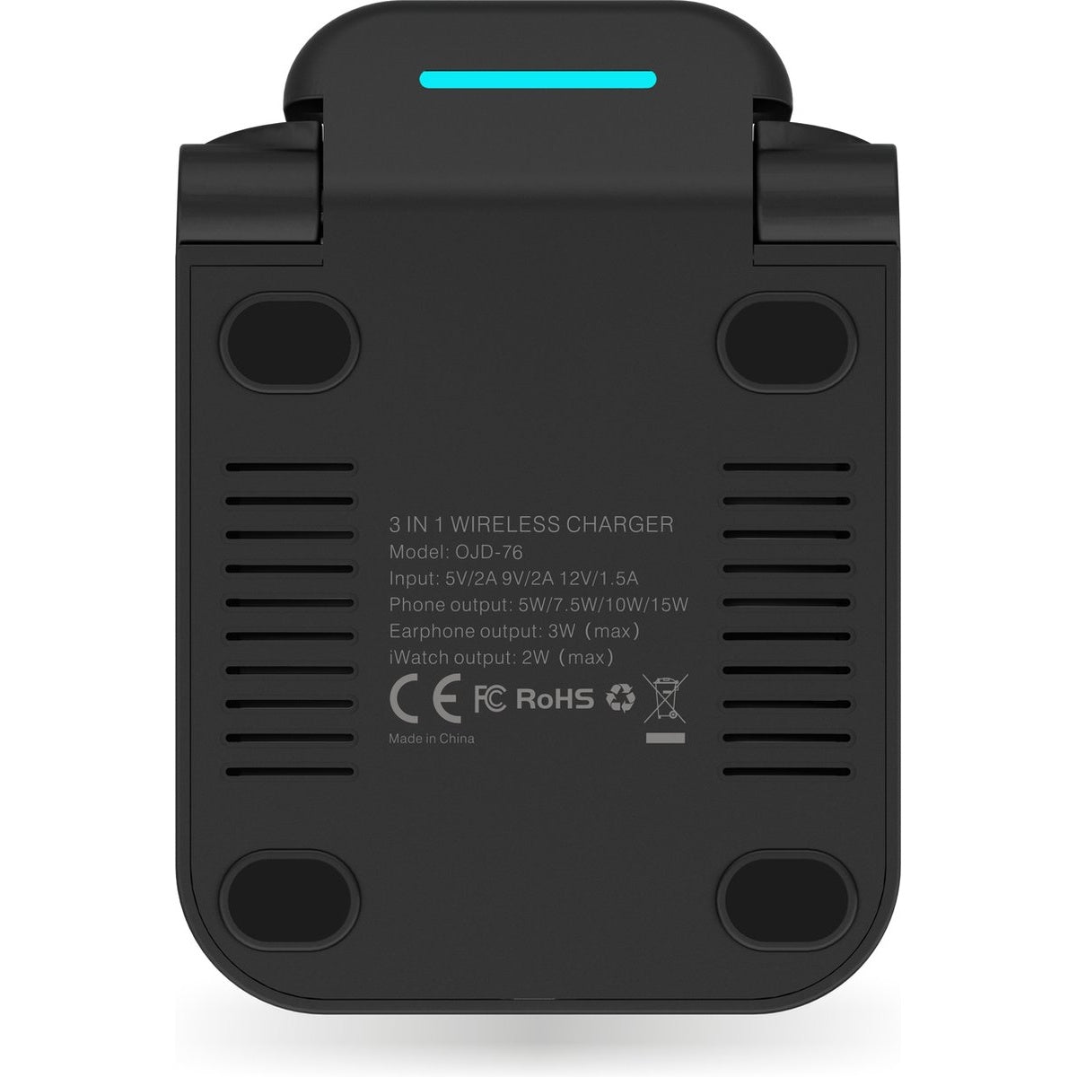 Zwarte 3-in-1 draadloze oplader met specificaties. Het heeft een blauw licht en ondersteunt het opladen van telefoon, oortelefoon en iWatch.