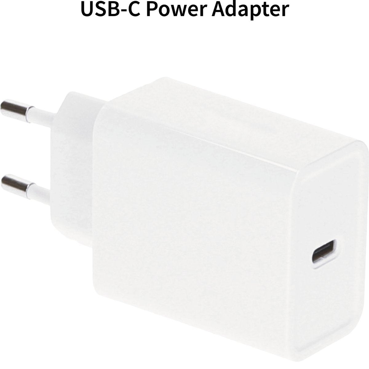 Een witte USB-C-stroomadapter met twee pinnen en een USB-C-poort. Het staat op een witte achtergrond. Boven staat 'USB-C Power Adapter'.
