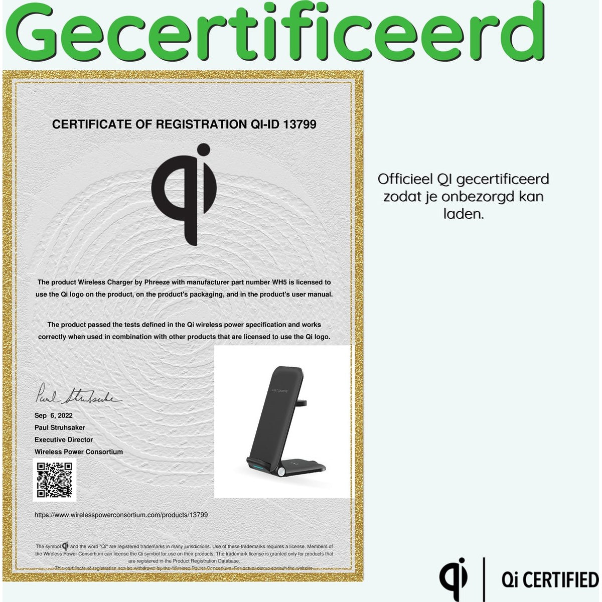 Een certificaat met Qi-logo, tekst en een draadloze oplader. De achtergrond is licht met gouden rand en groene tekst bovenaan.