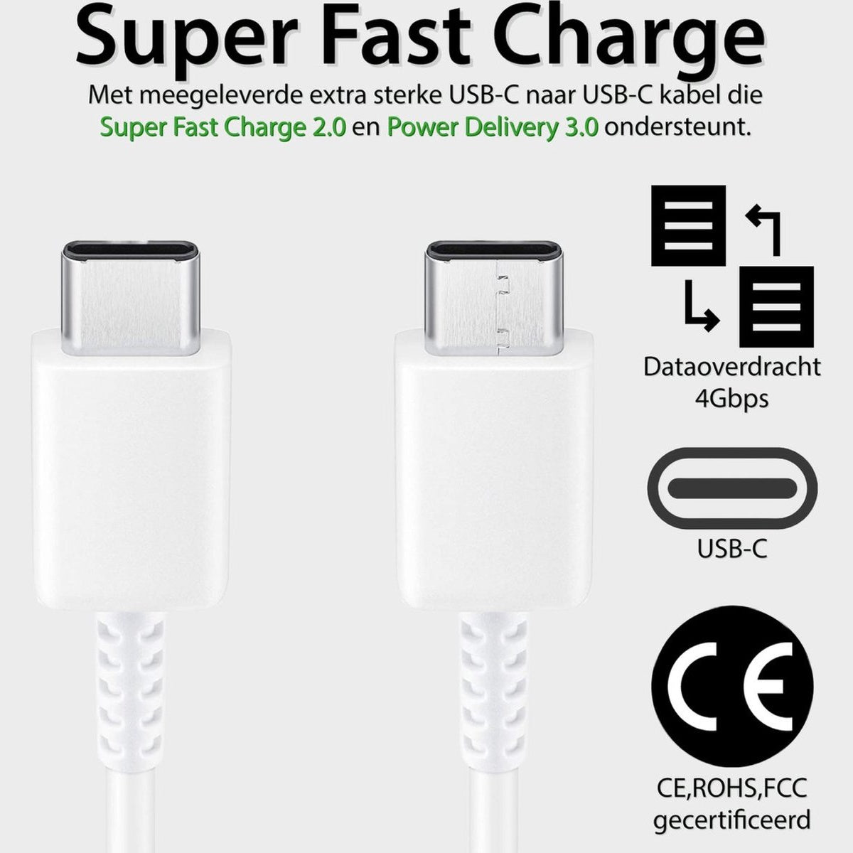 Witte USB-C-kabels met tekst: Super Fast Charge, gegevensoverdracht 4 Gbps, USB-C-logo en CE-certificering.