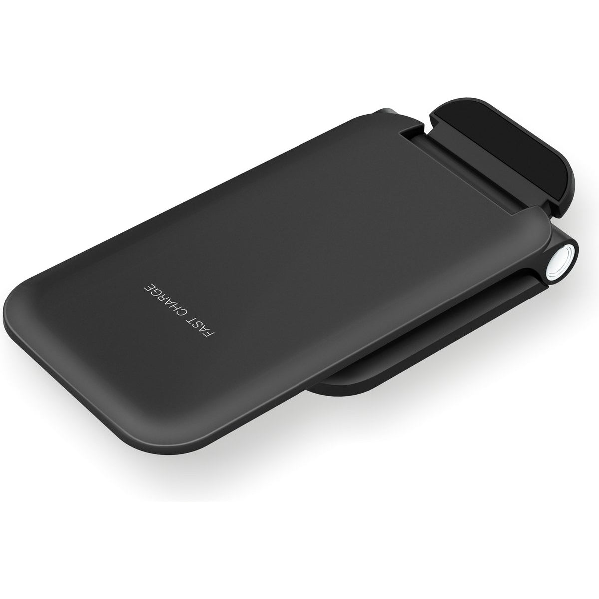 Zwarte draadloze oplader met tekst 'FAST CHARGE'. Bovenste deel is schuin. Witte achtergrond.