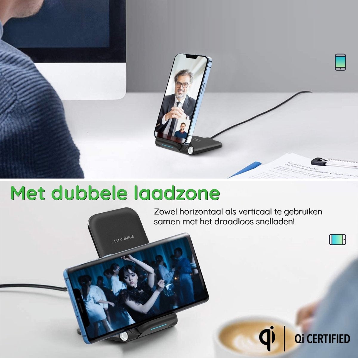 Een telefoon met een videogesprek en een andere met een dansscène rusten op een draadloze oplaadstandaard. Tekst promoot dubbele oplaadzones.