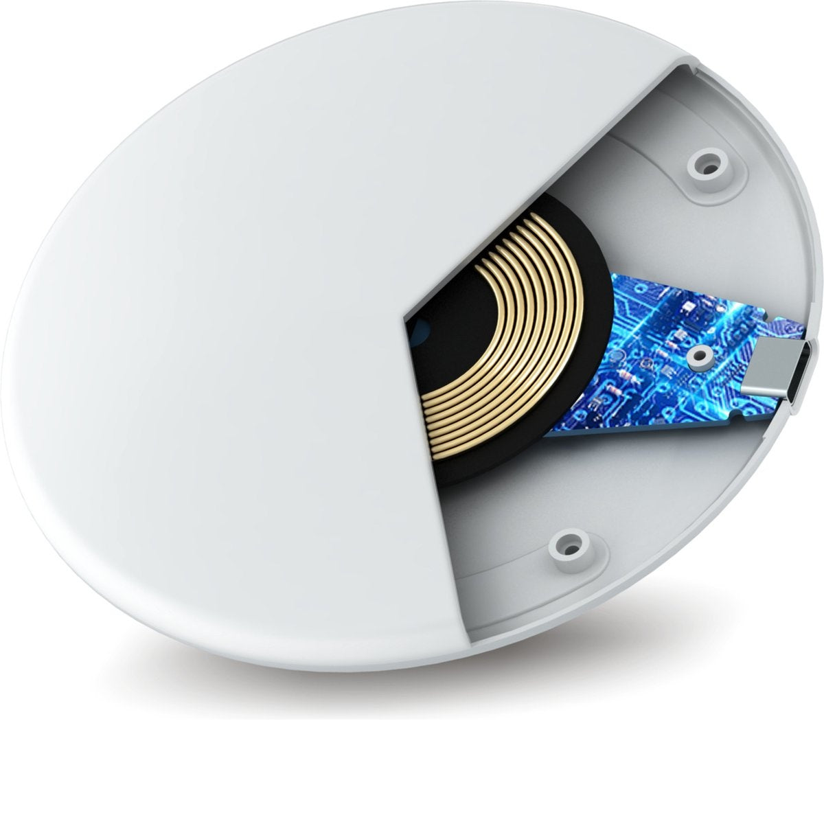 Witte draadloze oplader met een uitsparing die de interne spoel en printplaat laat zien. De spoel is goud en zwart.