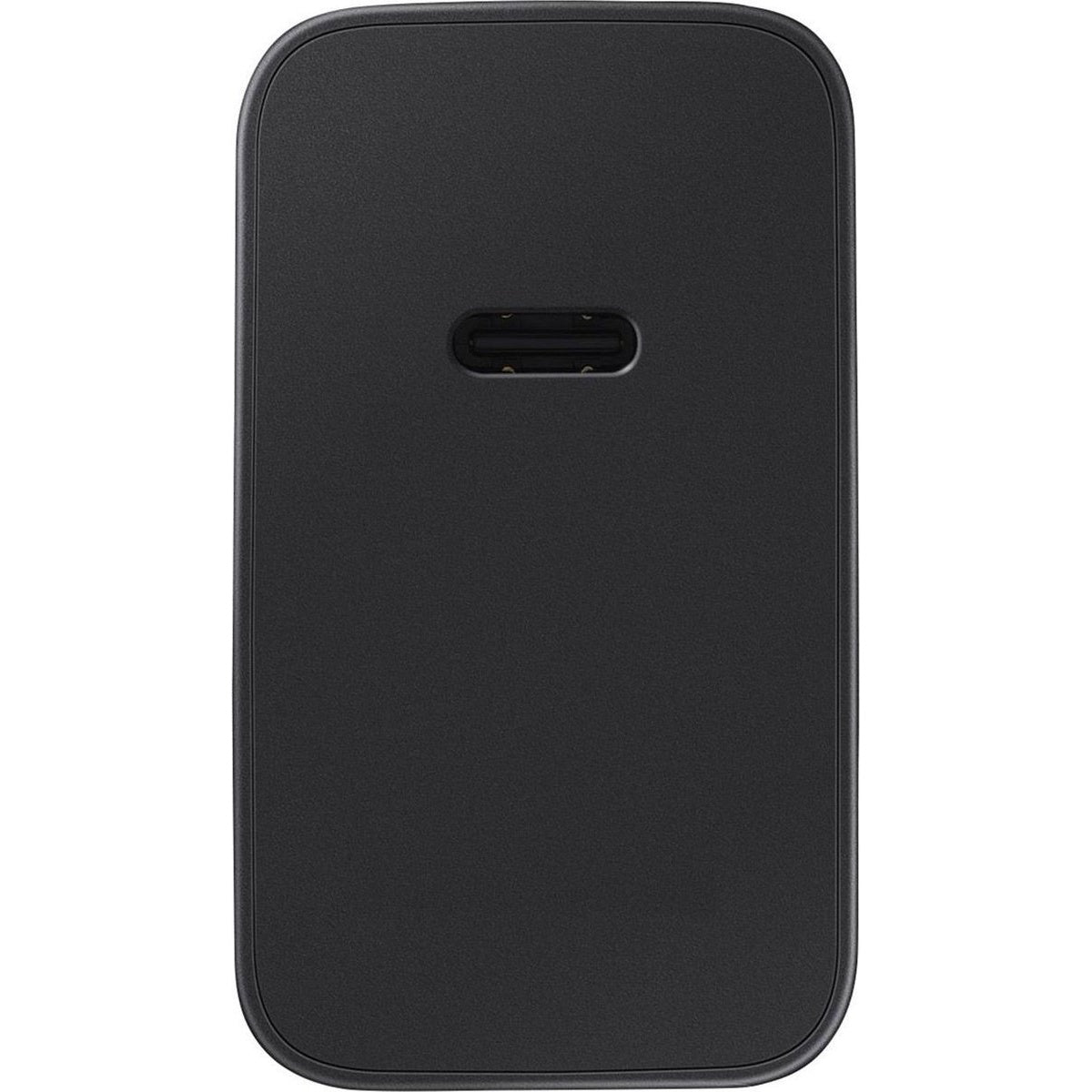 A black rectangular device, possibly a charger, with a USB-C port at the top center. Rounded corners and a matte finish are visible.