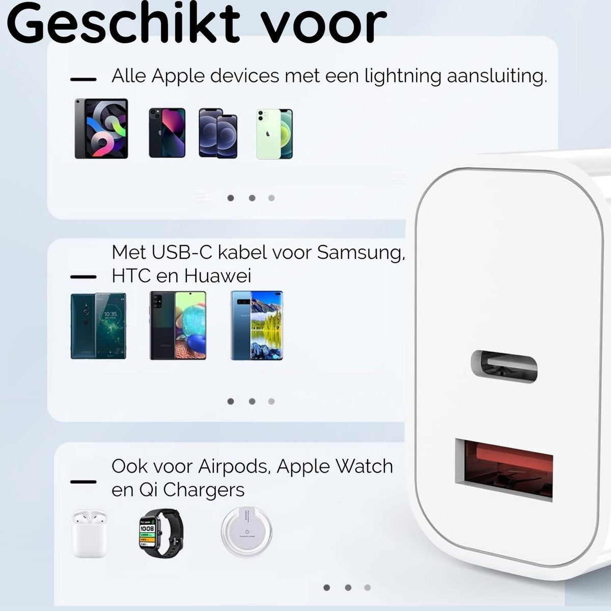 Een witte oplader met een zwarte USB-C-poort en een rode USB-poort. Lijst met Apple-apparaten, Samsung-, HTC-, Huawei-telefoons, AirPods en Apple Watch.